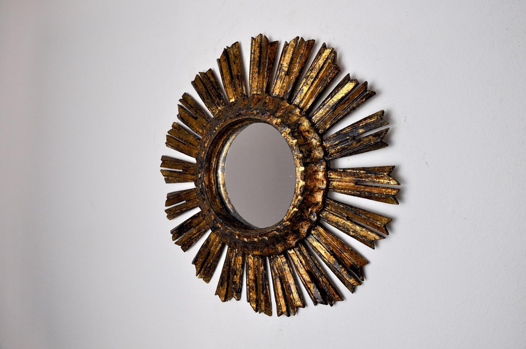 Hollywood Regency Golden Wooden Sun Mirror Early 20th Century For Sale
