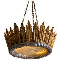 Golden wooden sunburst pendant lamp and leather parchment, 1940s