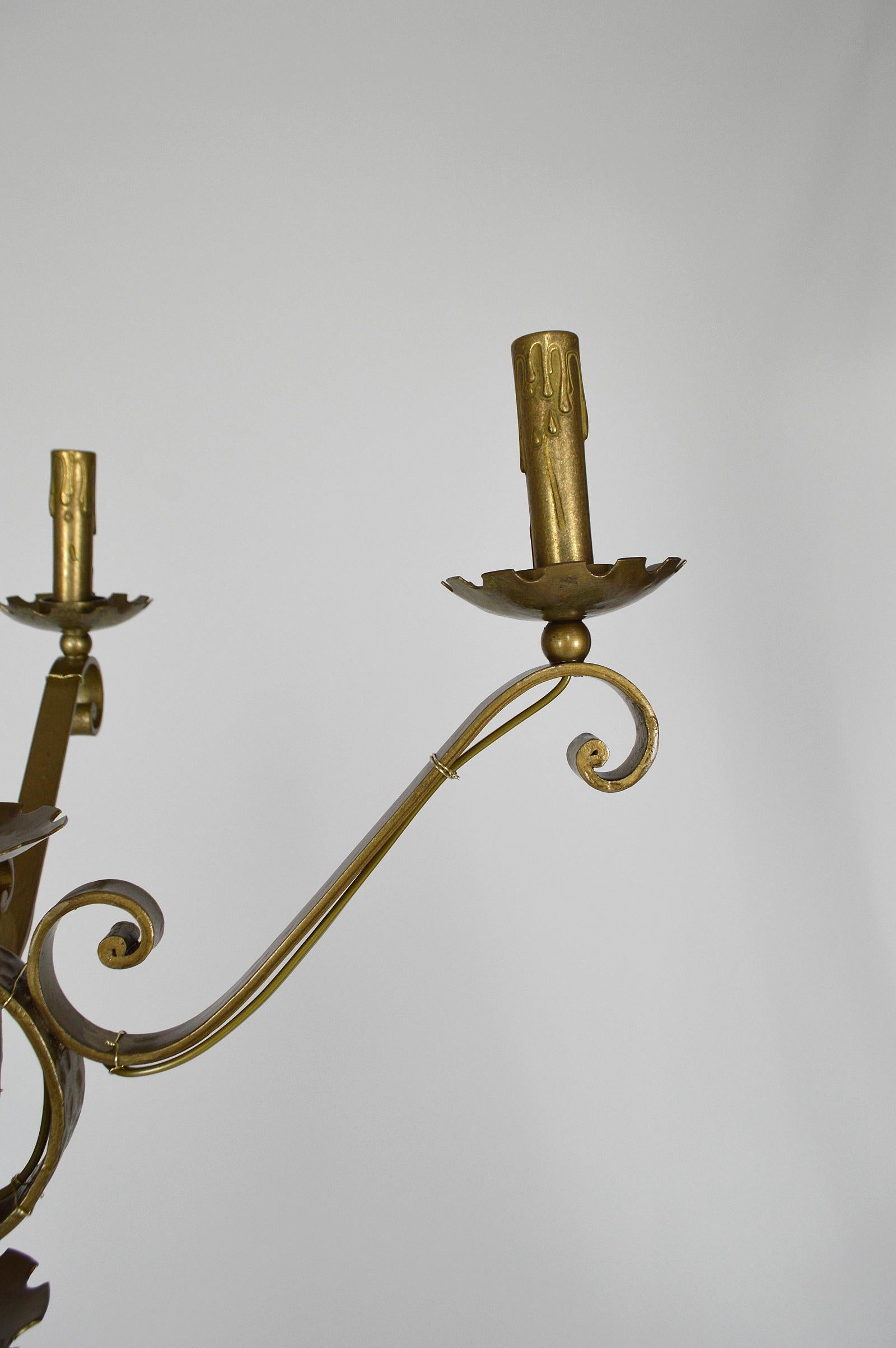 Golden Wrought Iron 5-Lights Floor Lamp, Mid-Century, France For Sale 6