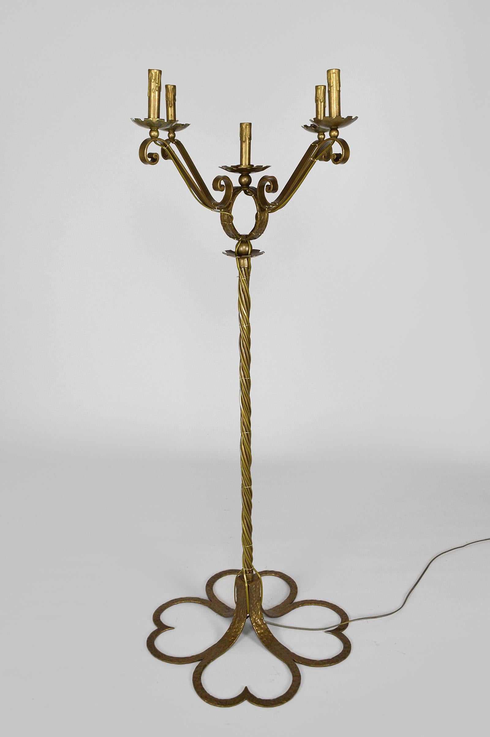 French Golden Wrought Iron 5-Lights Floor Lamp, Mid-Century, France For Sale