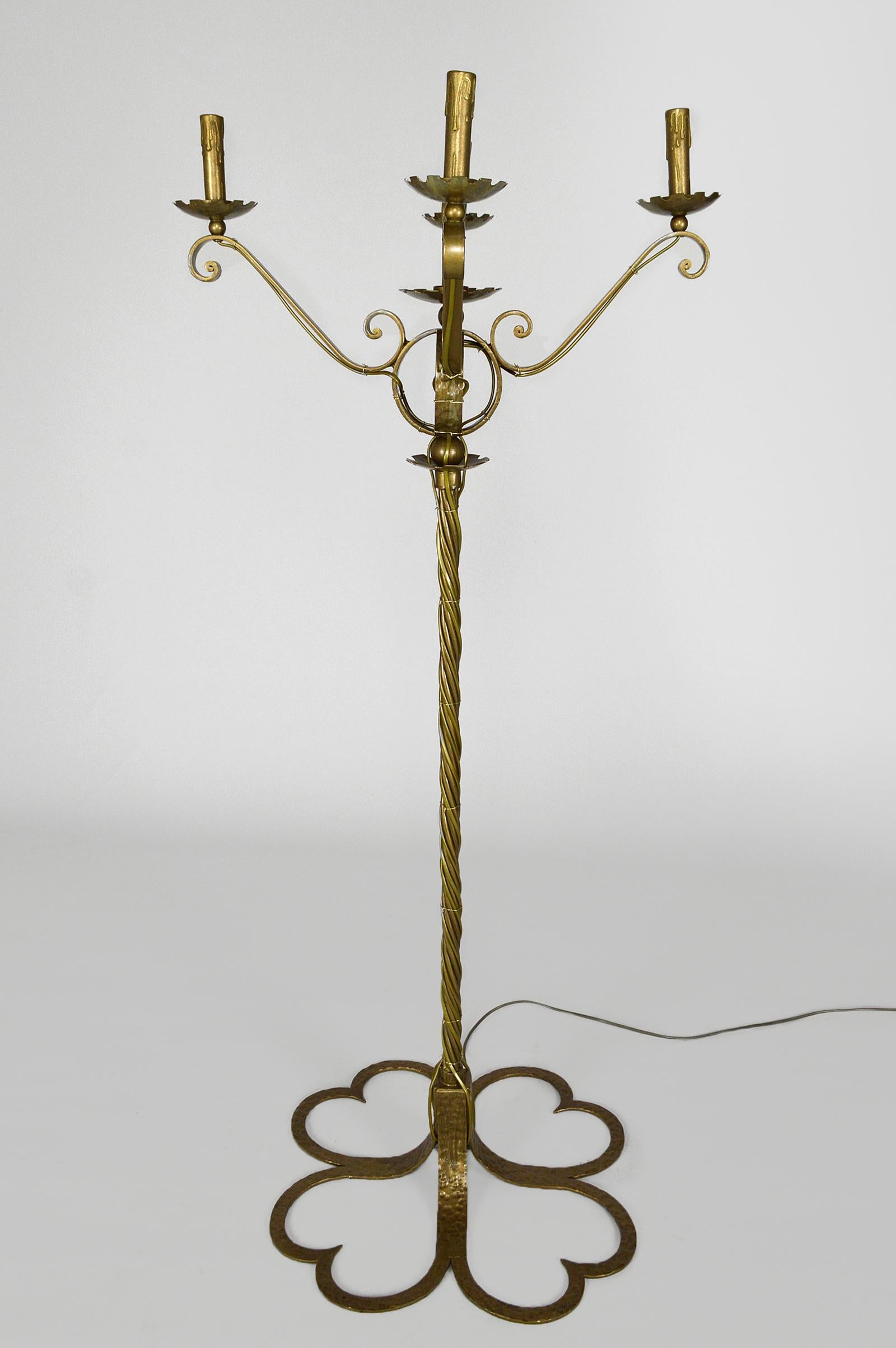 Gilt Golden Wrought Iron 5-Lights Floor Lamp, Mid-Century, France For Sale