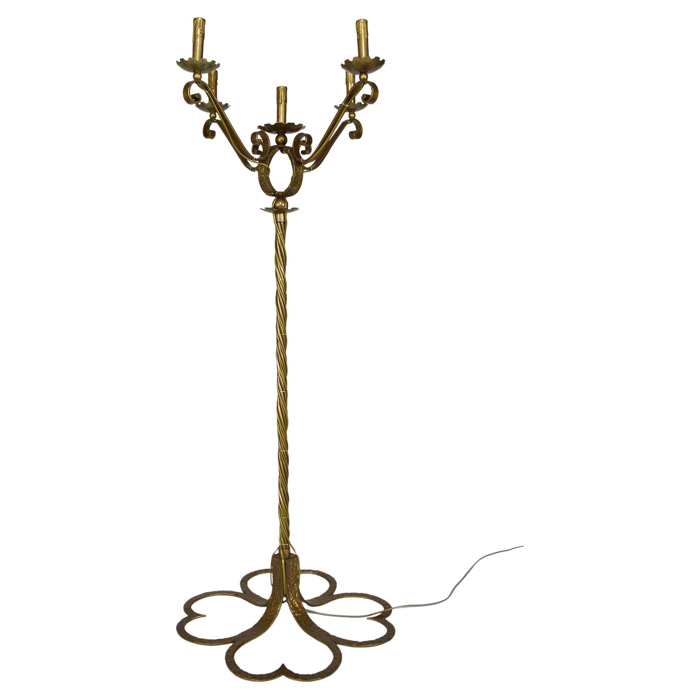 Golden Wrought Iron 5-Lights Floor Lamp, Mid-Century, France For Sale