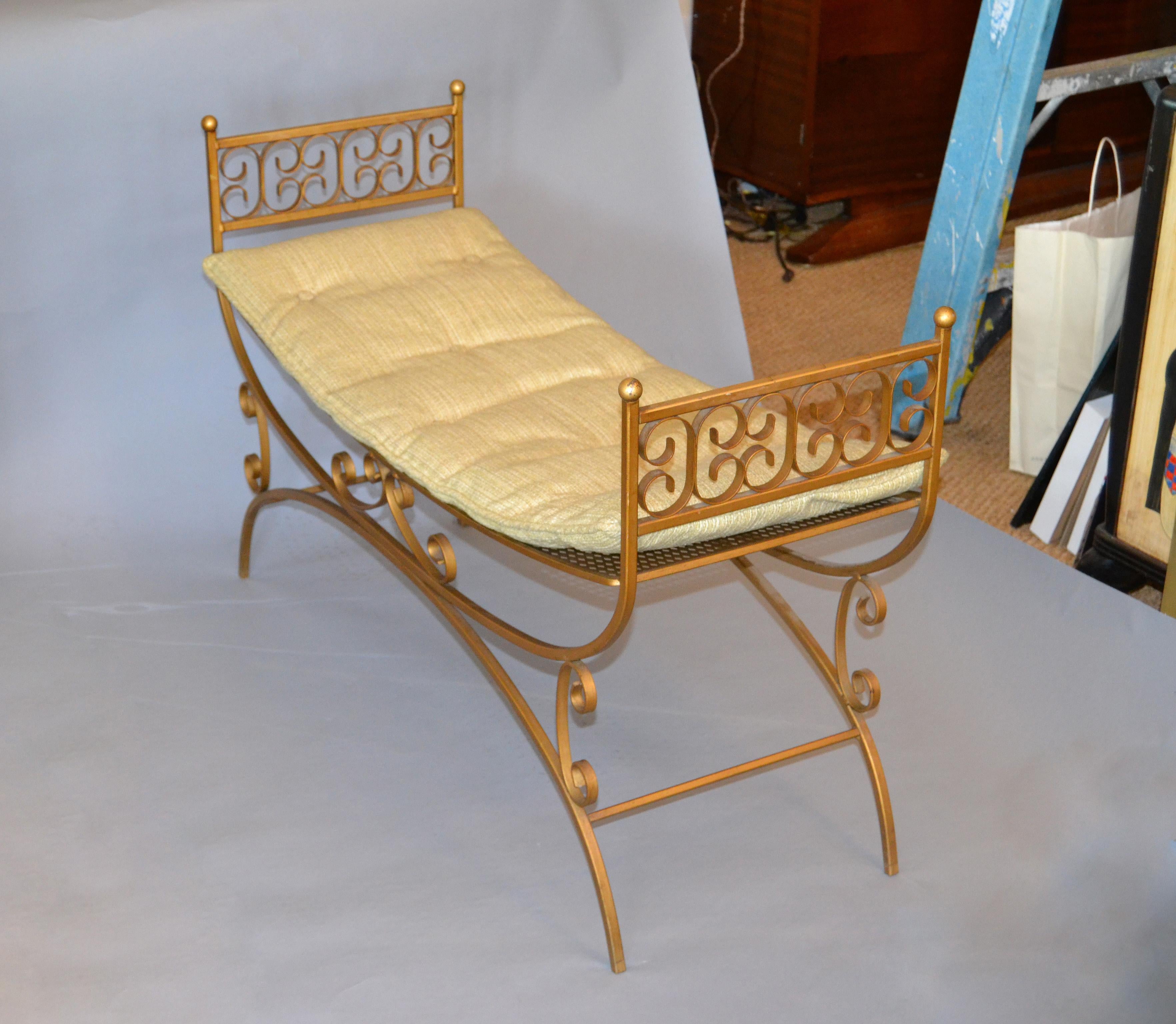 Neoclassical Golden Wrought Iron Bench with Cushions For Sale 2