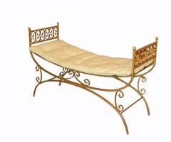Neoclassical Golden Wrought Iron Bench with Cushions