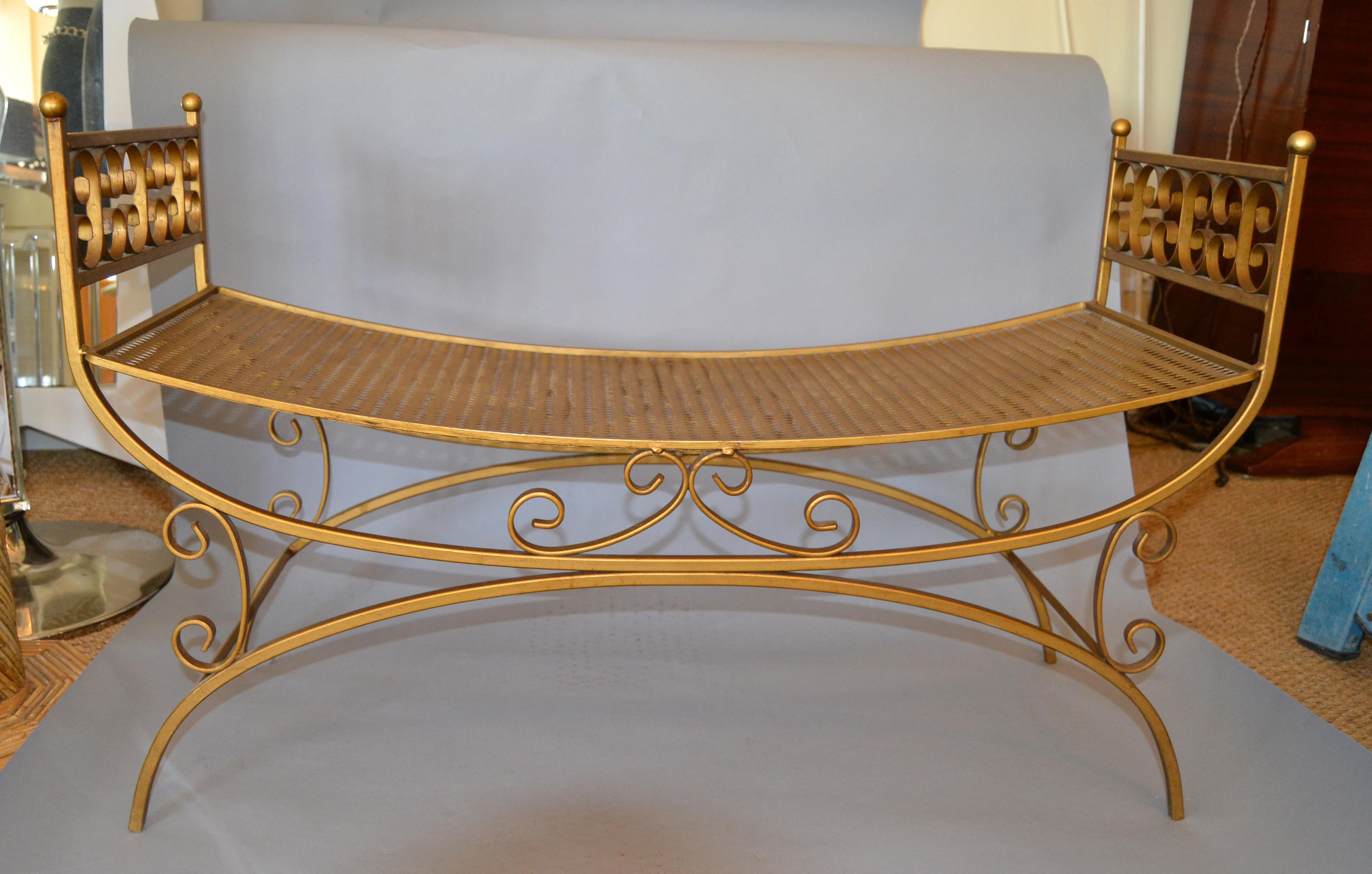 Neoclassical Golden Wrought Iron Bench with Cushions In Good Condition For Sale In Miami, FL