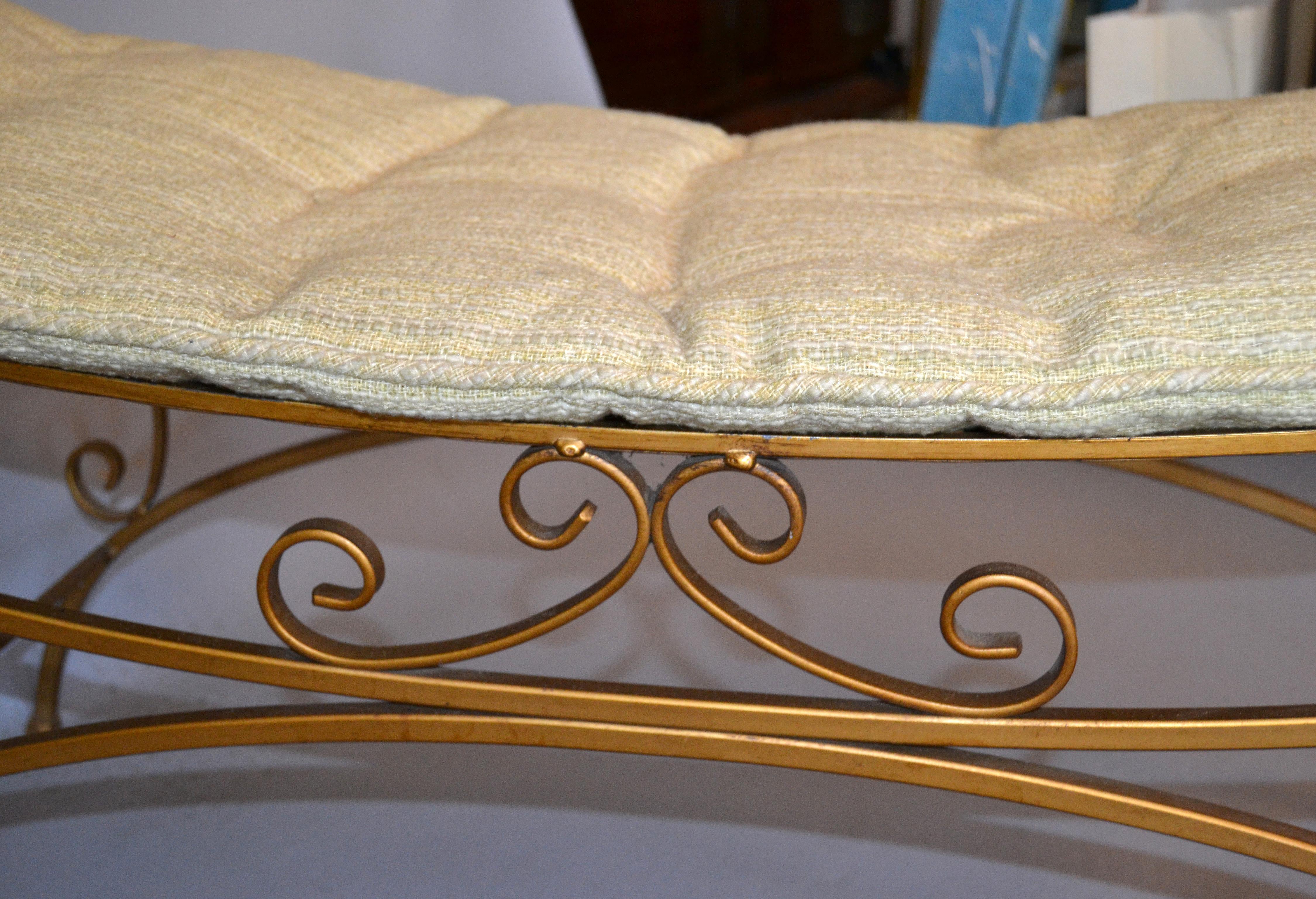 20th Century Neoclassical Golden Wrought Iron Bench with Cushions For Sale