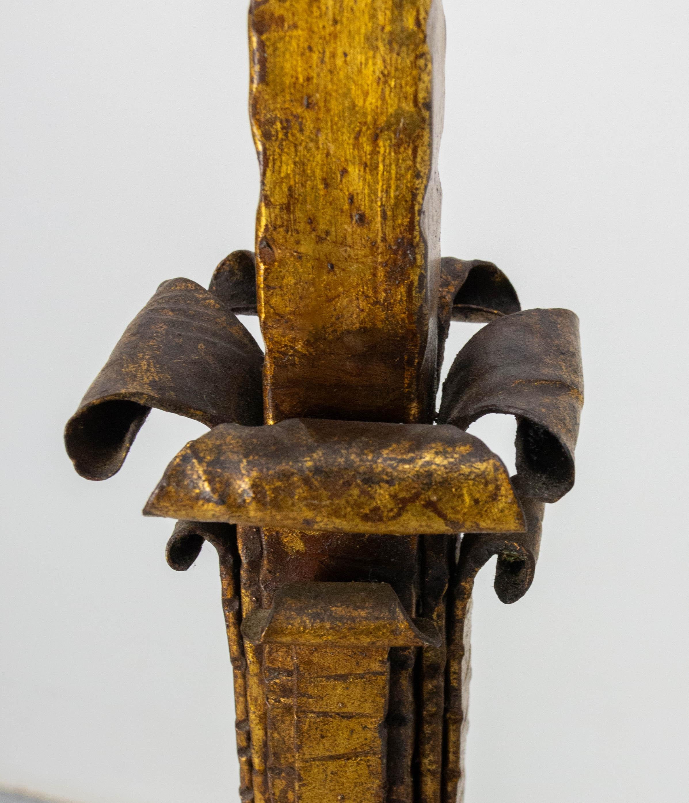 Golden Wrought Iron Floor Lamp Lantern Antique Chandelier, French, circa 1960 For Sale 8