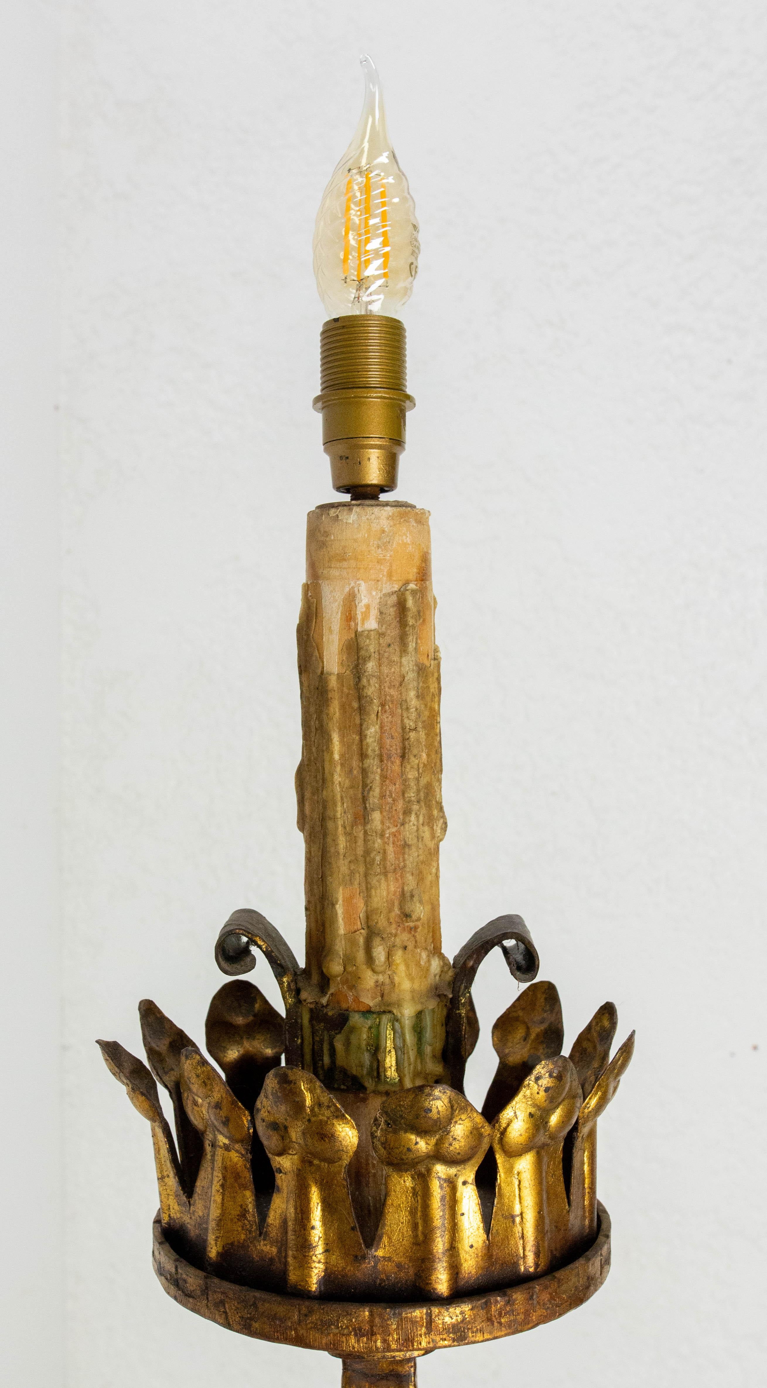 Golden Wrought Iron Floor Lamp Lantern Antique Chandelier, French, circa 1960 For Sale 12