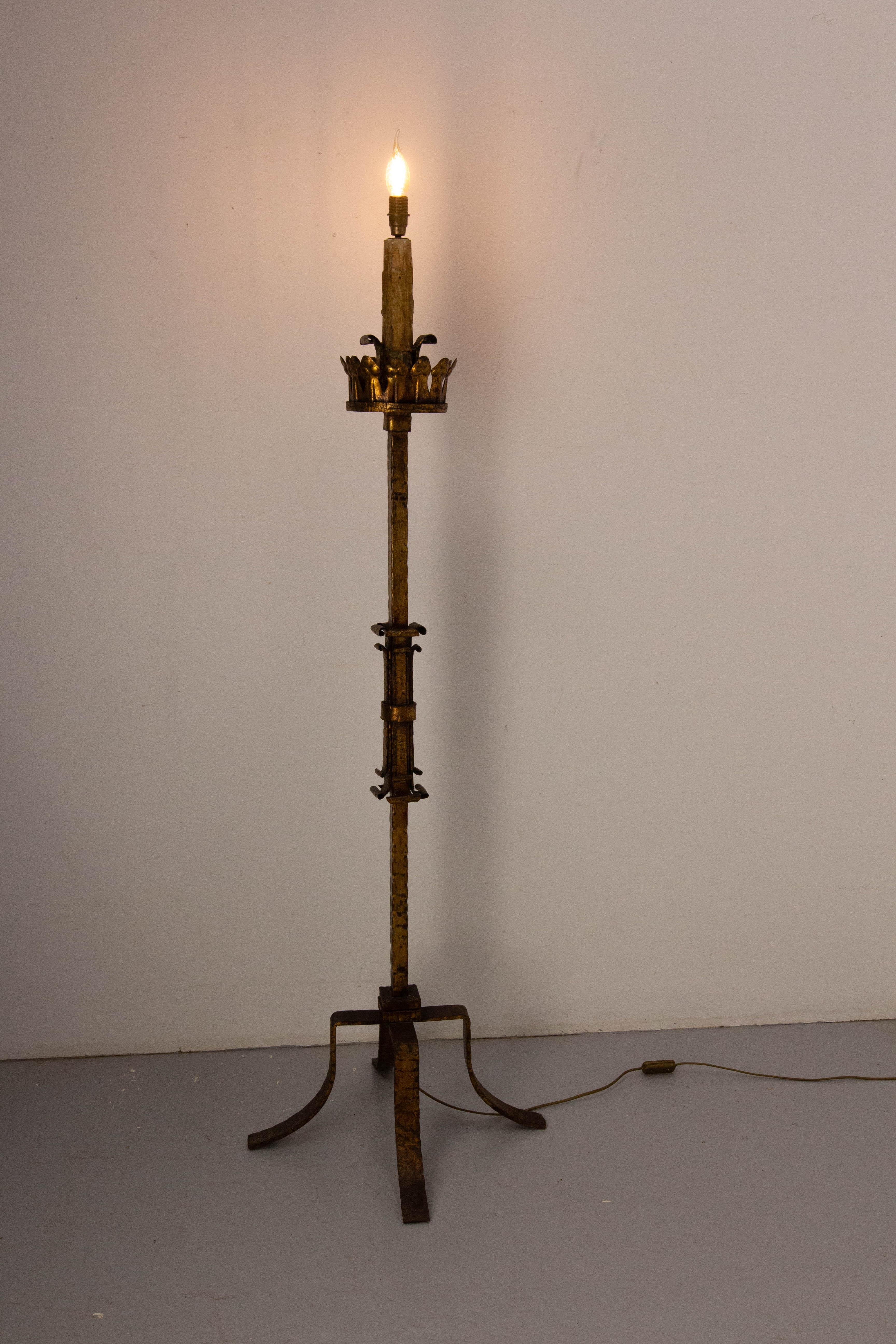 Gothic Revival Golden Wrought Iron Floor Lamp Lantern Antique Chandelier, French, circa 1960 For Sale
