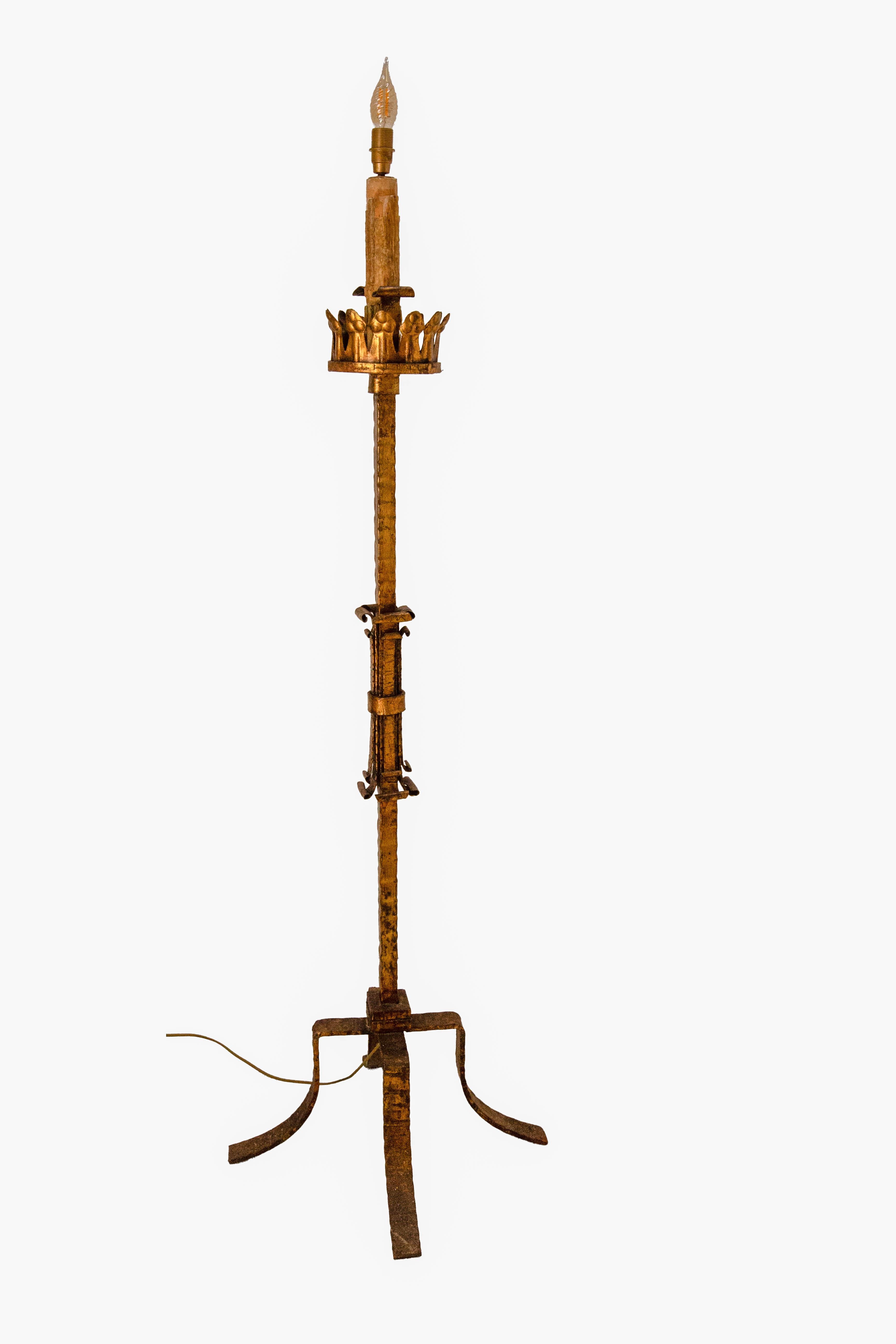 Golden Wrought Iron Floor Lamp Lantern Antique Chandelier, French, circa 1960 In Good Condition For Sale In Labrit, Landes