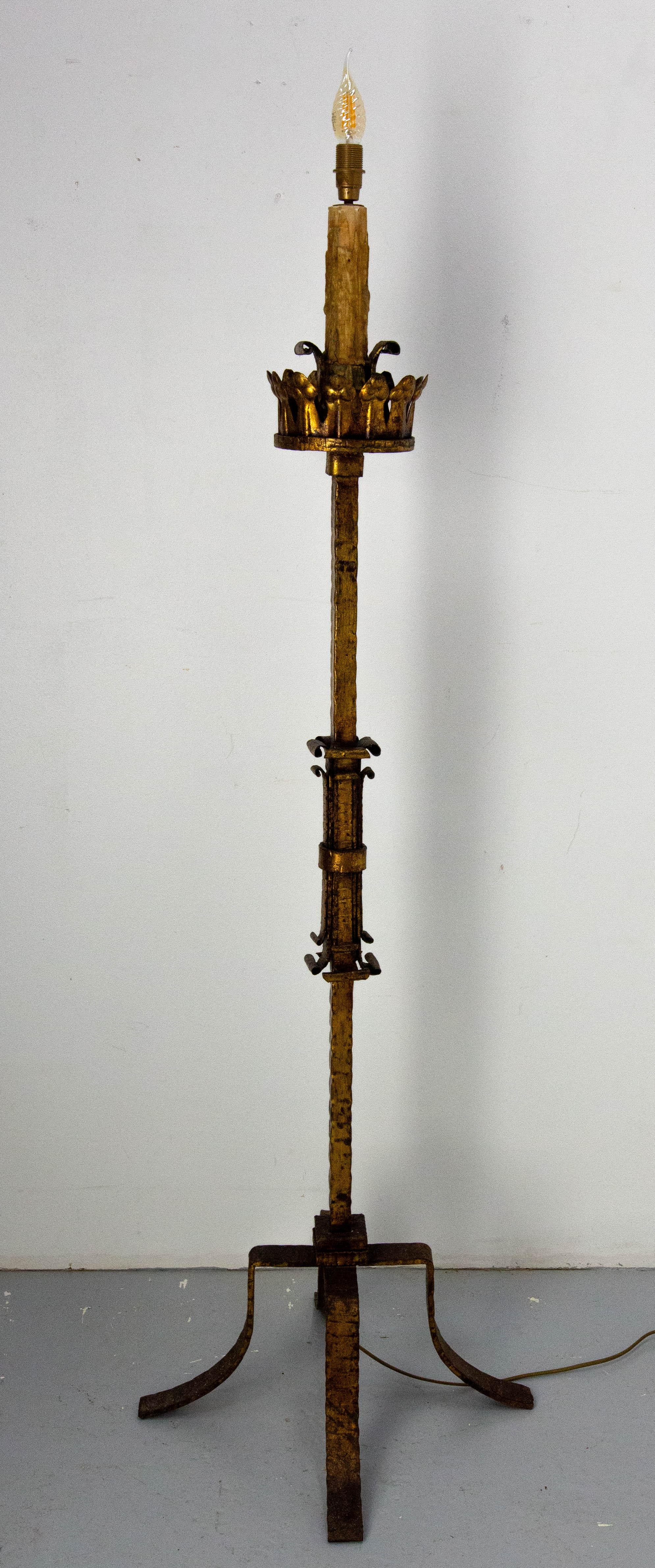 Mid-20th Century Golden Wrought Iron Floor Lamp Lantern Antique Chandelier, French, circa 1960 For Sale