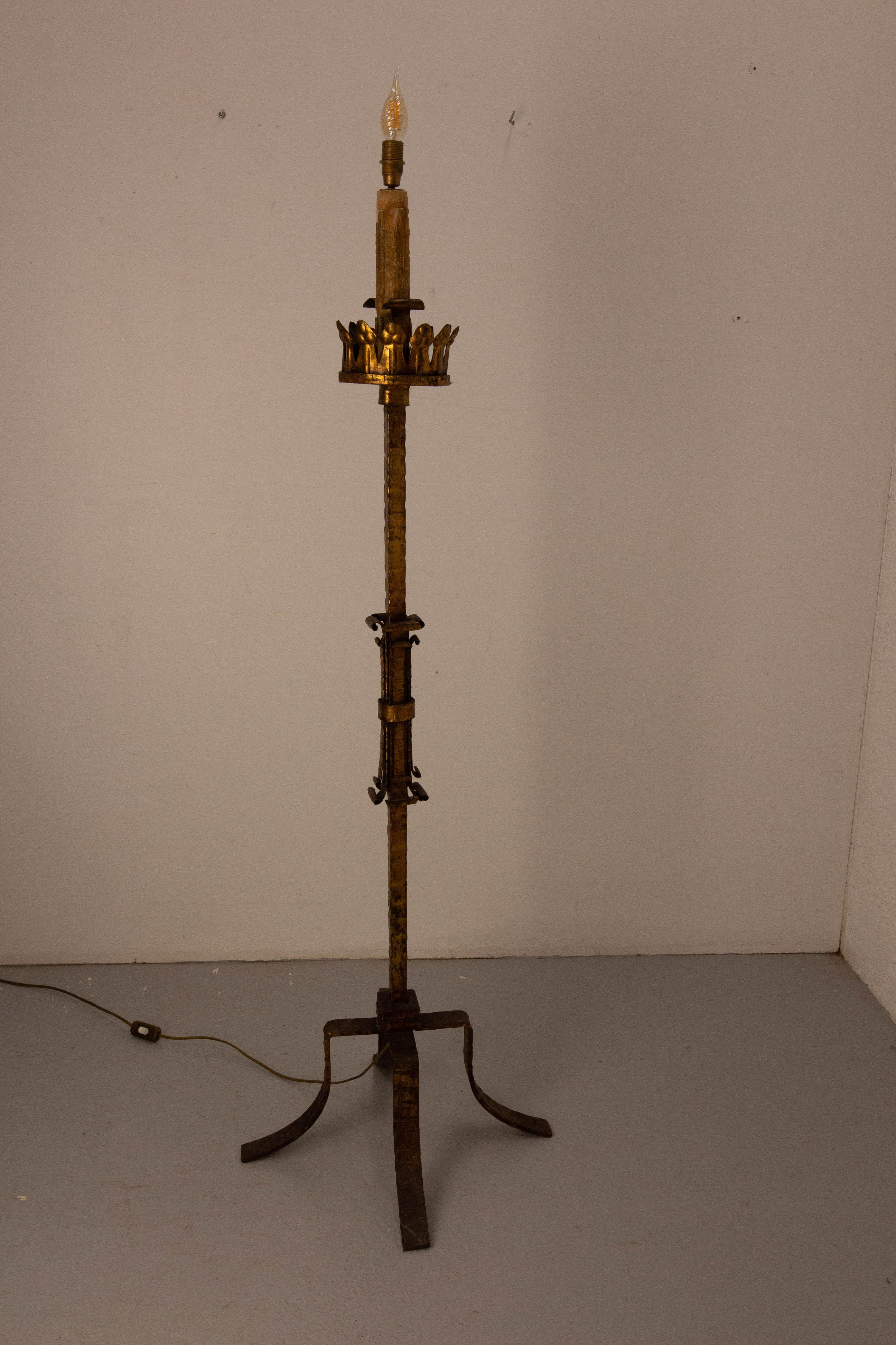 Golden Wrought Iron Floor Lamp Lantern Antique Chandelier, French, circa 1960 For Sale 1