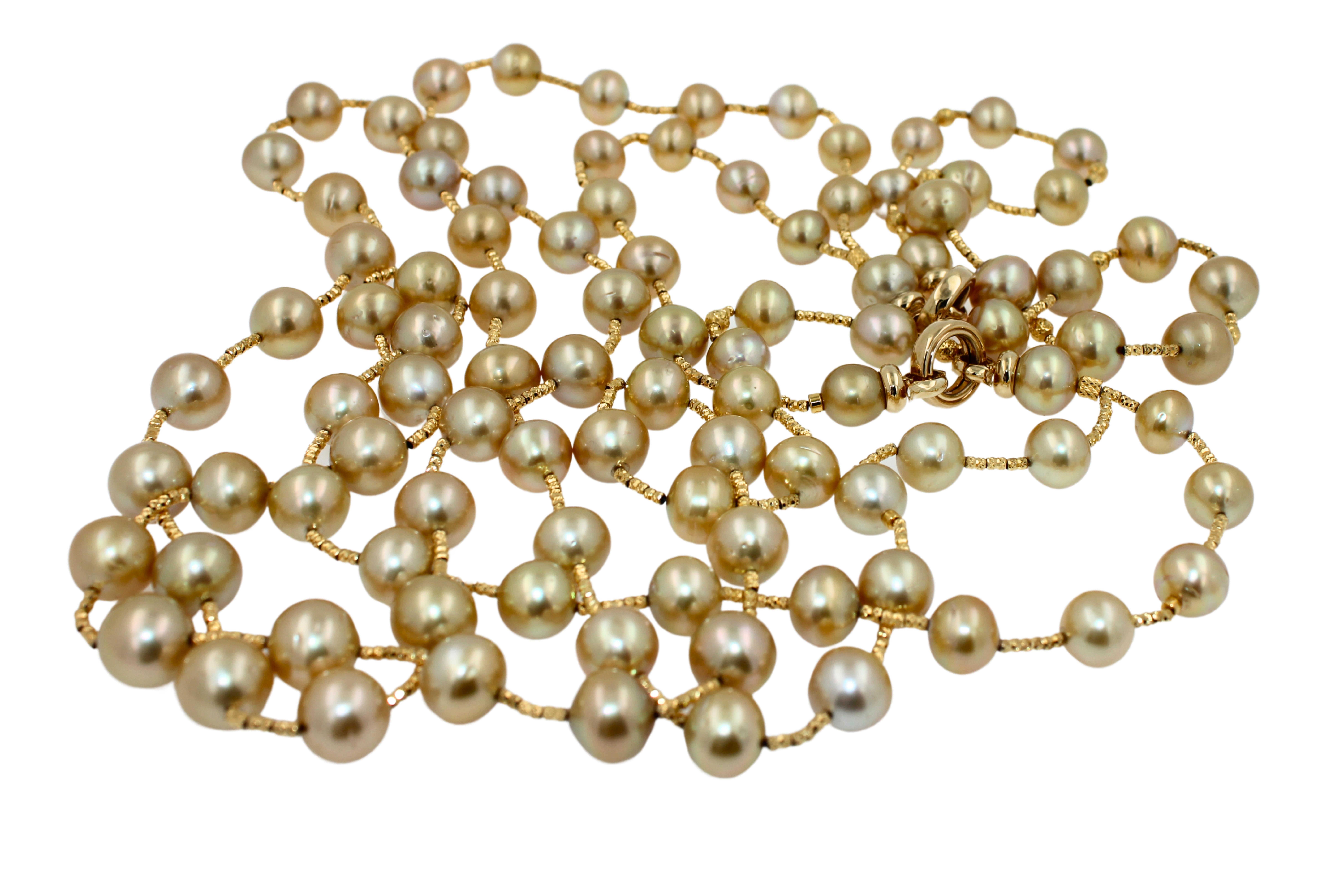 Very Beautiful Golden Yellow AAA Quality South Sea Pearls
18K Yellow Gold Clasps, Details, Strands
6-10MM Pearl Sizes