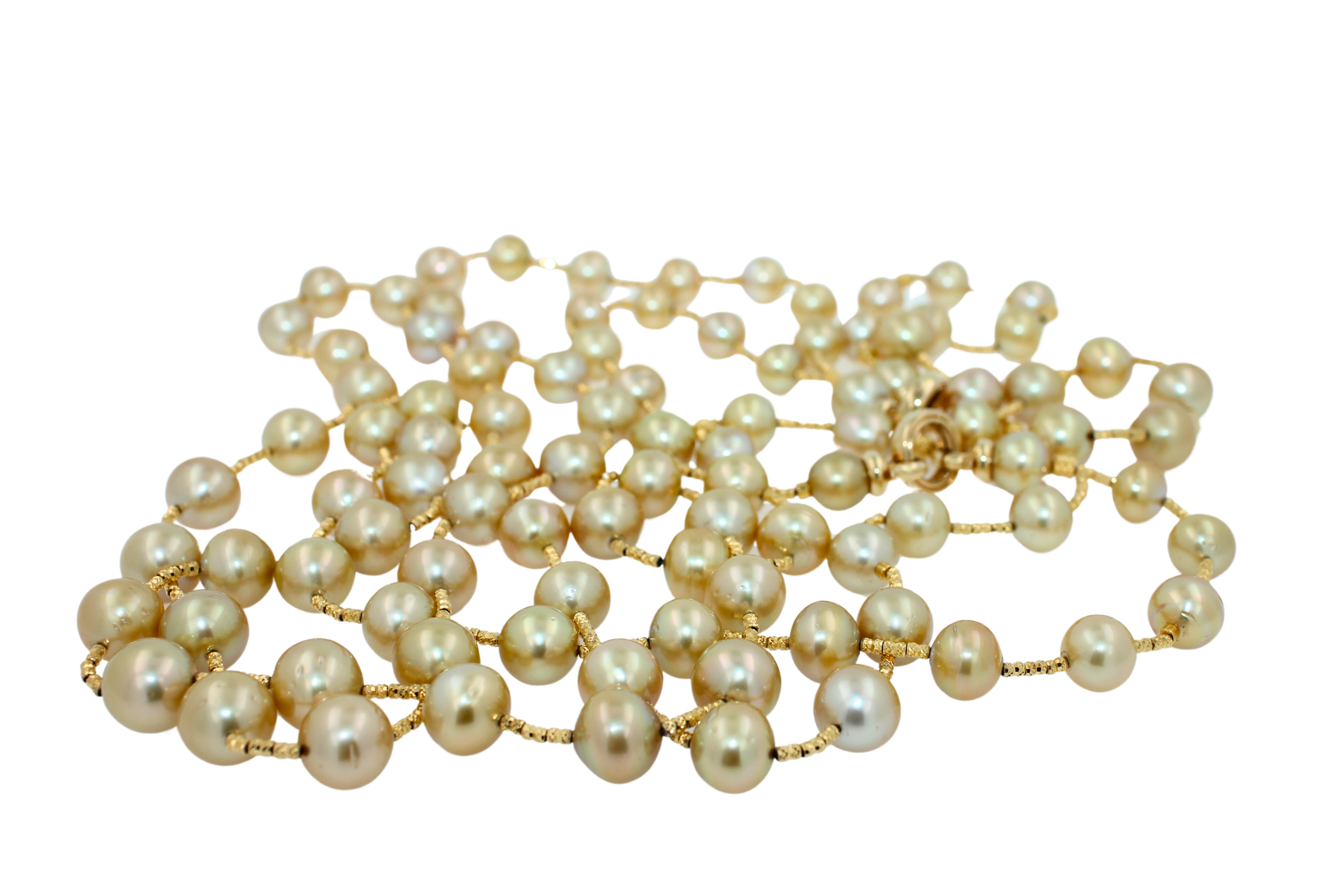 Modern Golden Yellow AAA South Sea Pearls 18K Yellow Gold Long Necklace For Sale