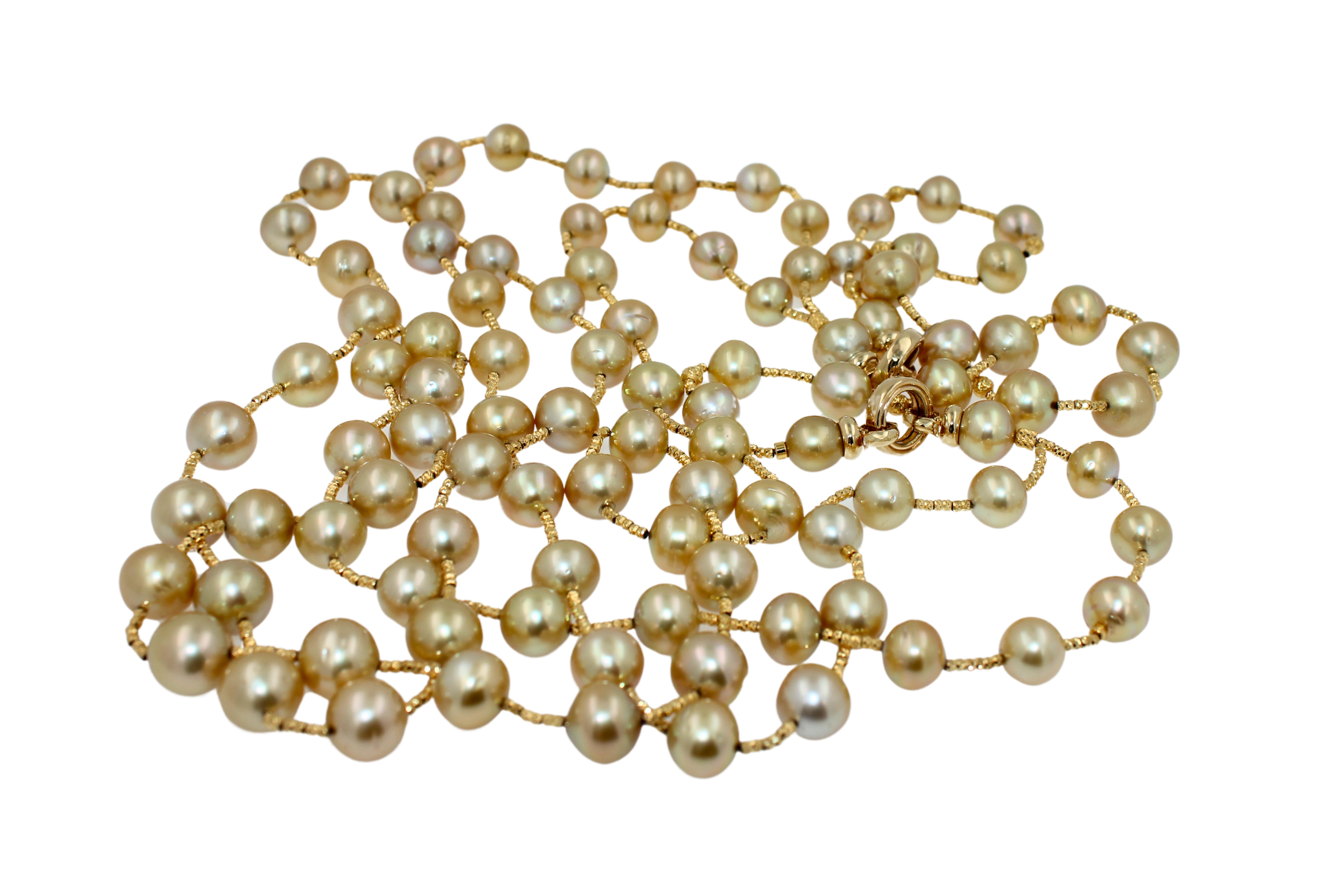 Round Cut Golden Yellow AAA South Sea Pearls 18K Yellow Gold Long Necklace For Sale
