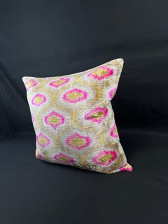 Golden Yellow and Pink Velvet Silk Ikat Pillow Cover