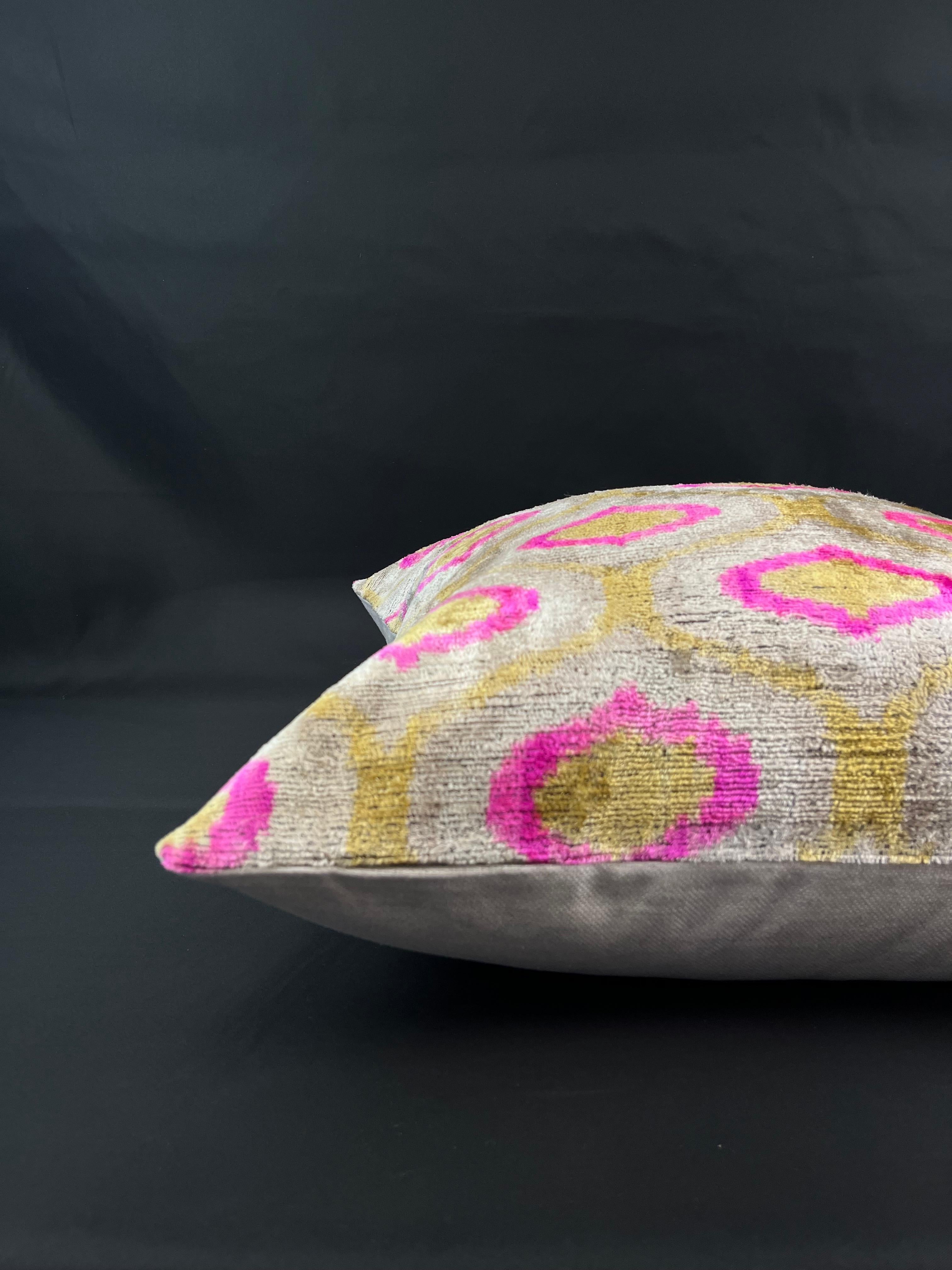 Turkish Golden Yellow and Pink Velvet Silk Ikat Pillow Cover For Sale