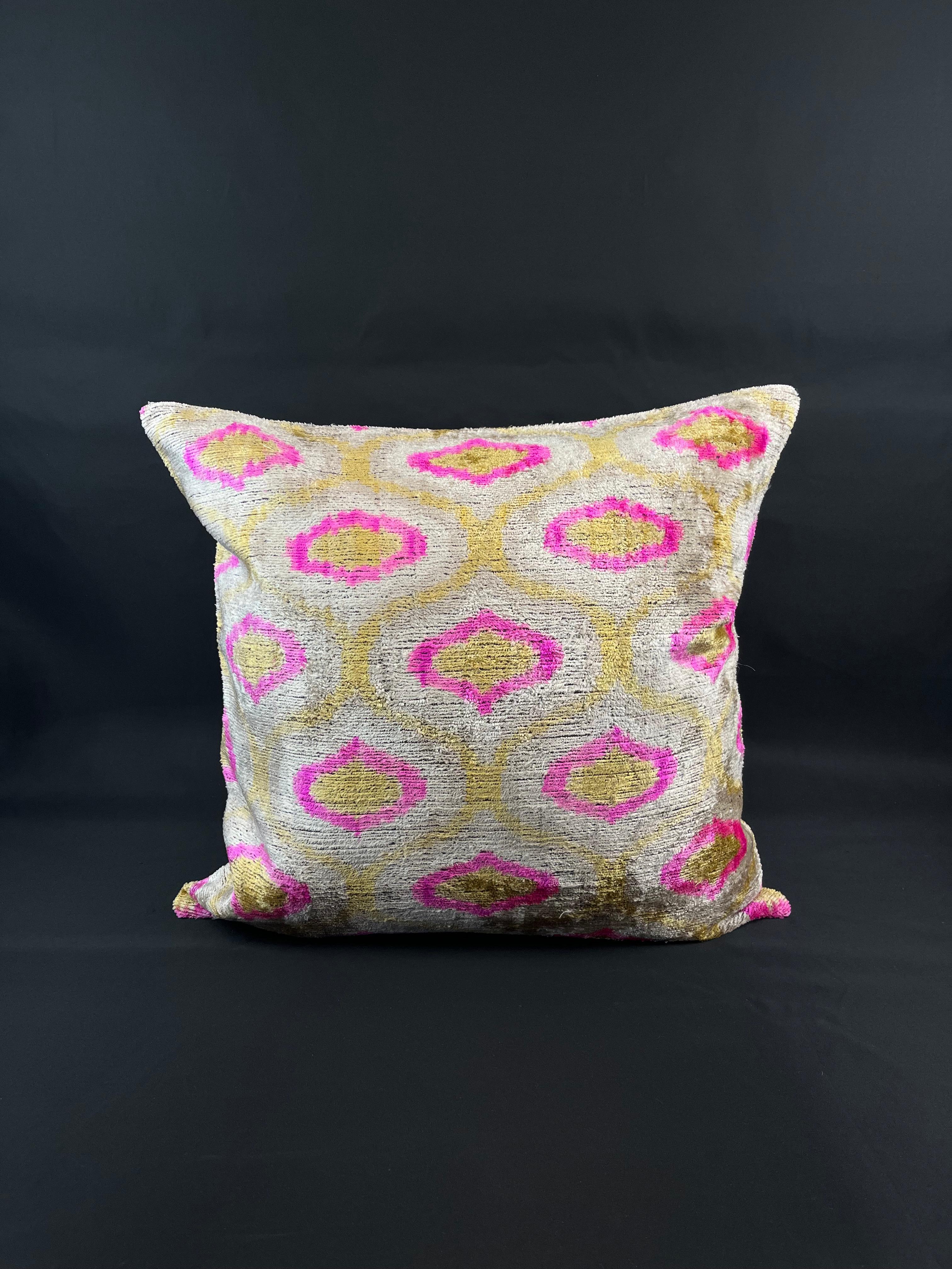 Golden Yellow and Pink Velvet Silk Ikat Pillow Cover In New Condition For Sale In Houston, TX