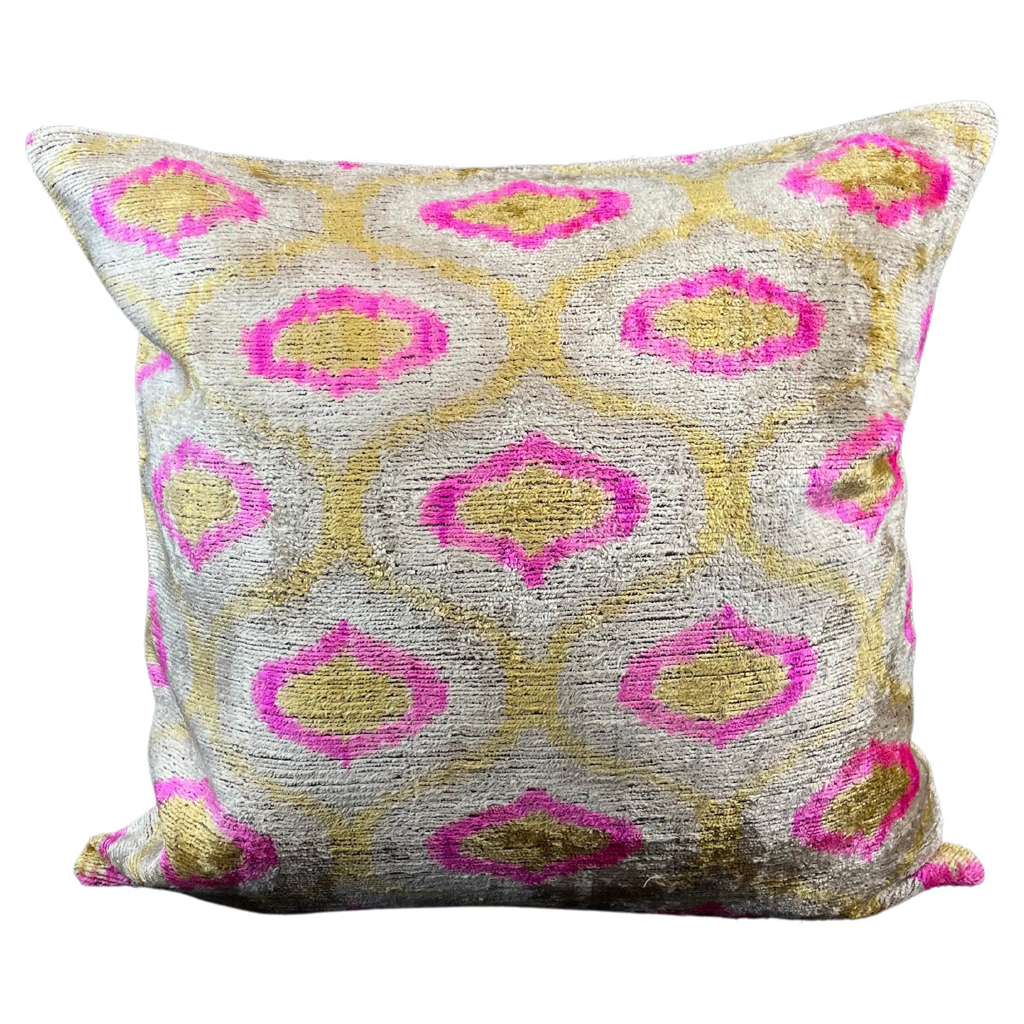 Golden Yellow and Pink Velvet Silk Ikat Pillow Cover For Sale