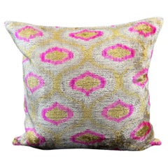 Golden Yellow and Pink Velvet Silk Ikat Pillow Cover