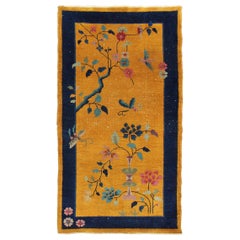 Golden Yellow Background Chinese Art Deco Rug with Large Tree and Vining Flowers