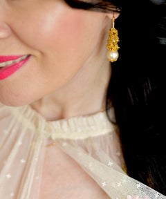 Golden Yellow Beryl, White South Seal Pearl Earrings in 14K Solid Yellow Gold