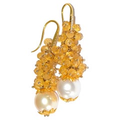 Golden Yellow Beryl, White South Seal Pearl Earrings in 14K Solid Yellow Gold