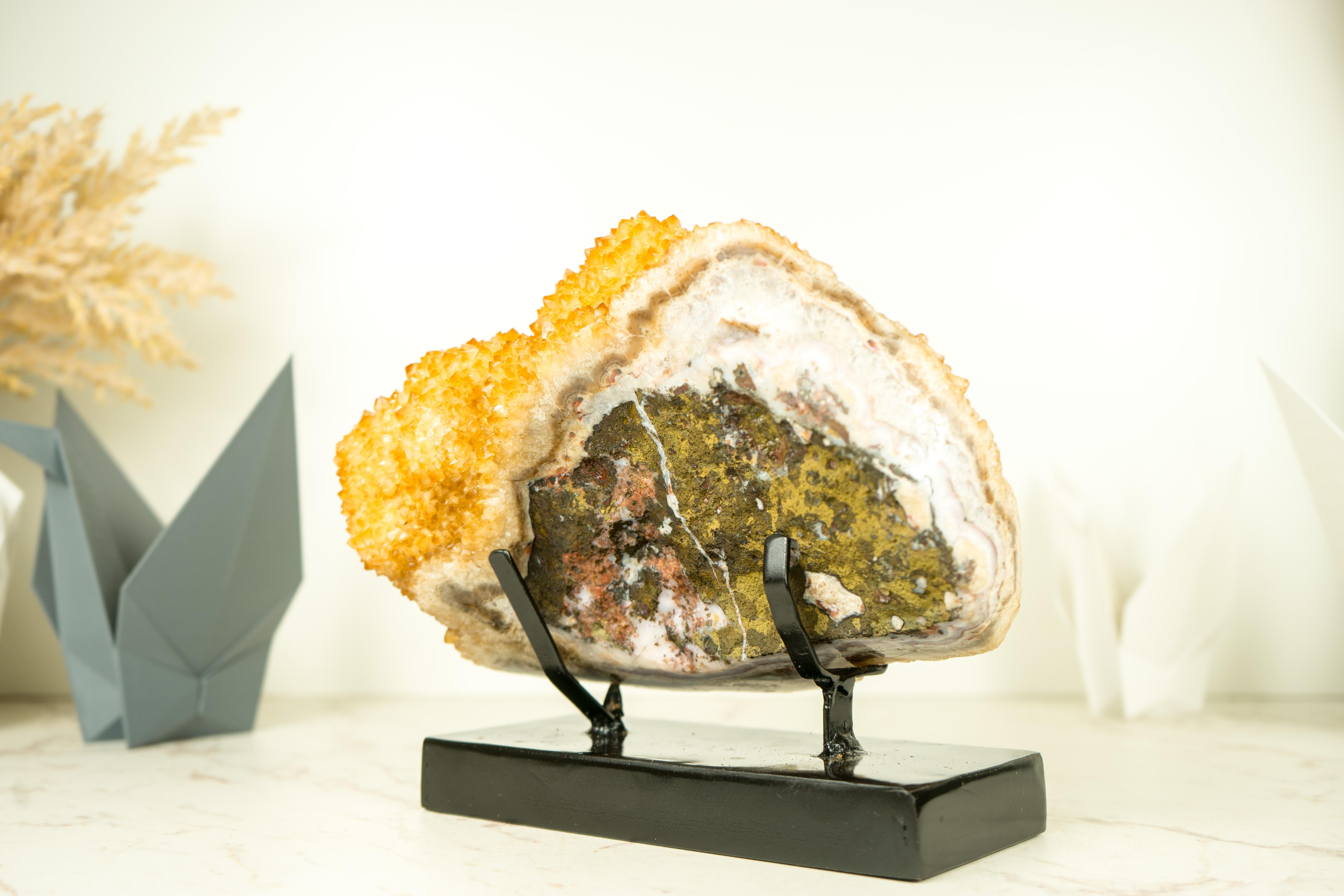 Contemporary Golden Yellow Citrine Cluster with a Large Rosette Flower (Stalactite) on Stand  For Sale