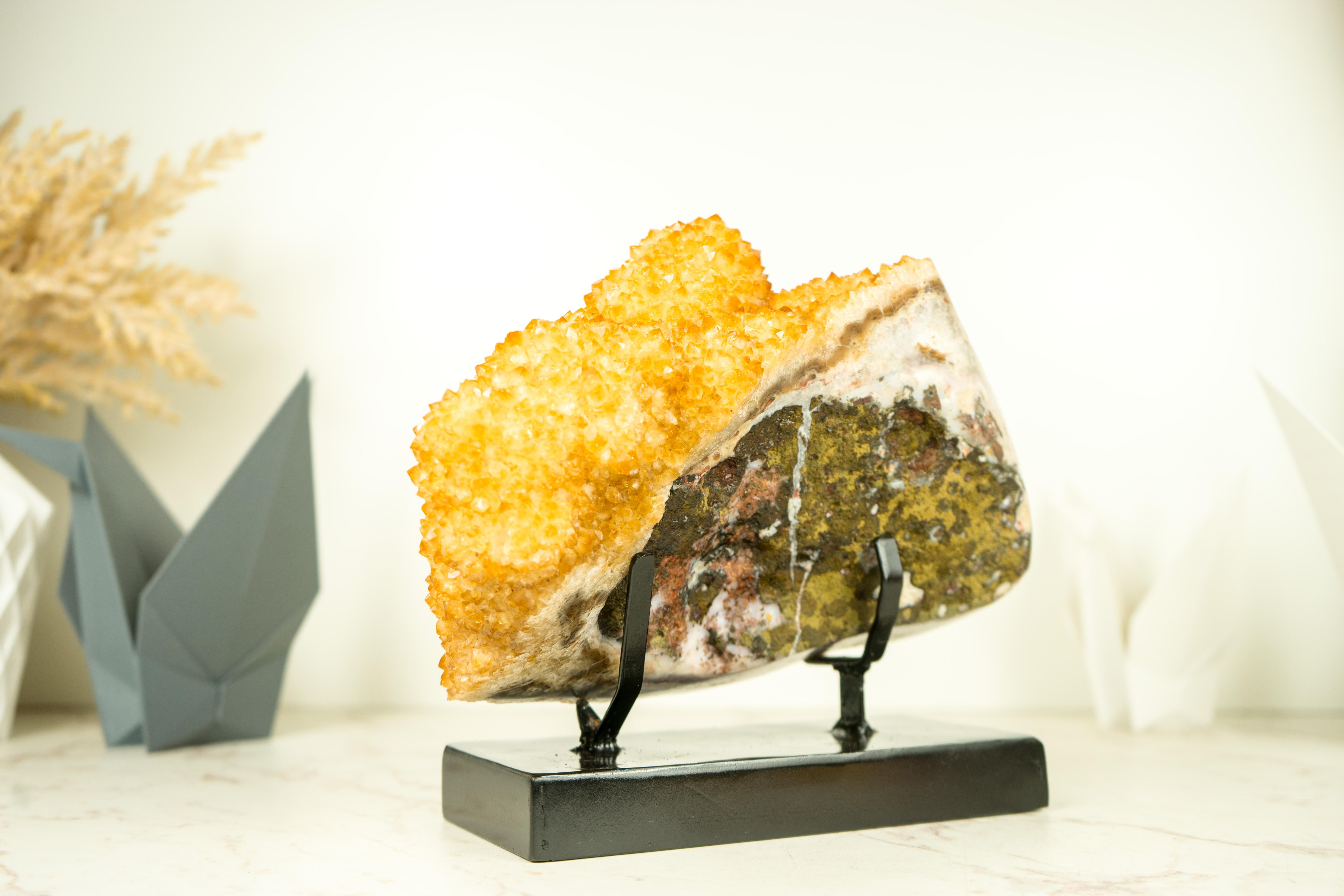 Agate Golden Yellow Citrine Cluster with a Large Rosette Flower (Stalactite) on Stand  For Sale