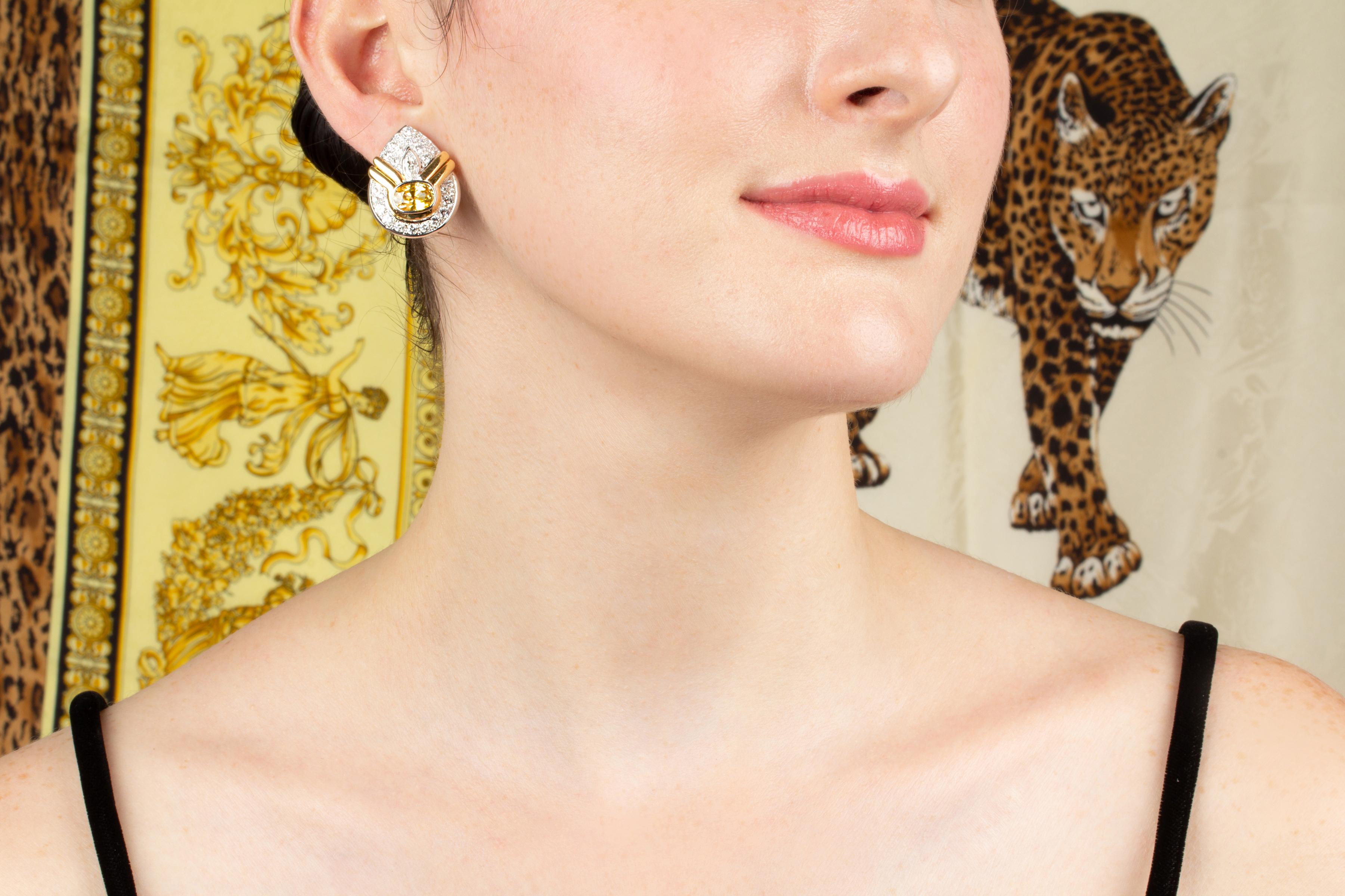 Artist Golden Yellow Sapphire Diamond Earrings For Sale