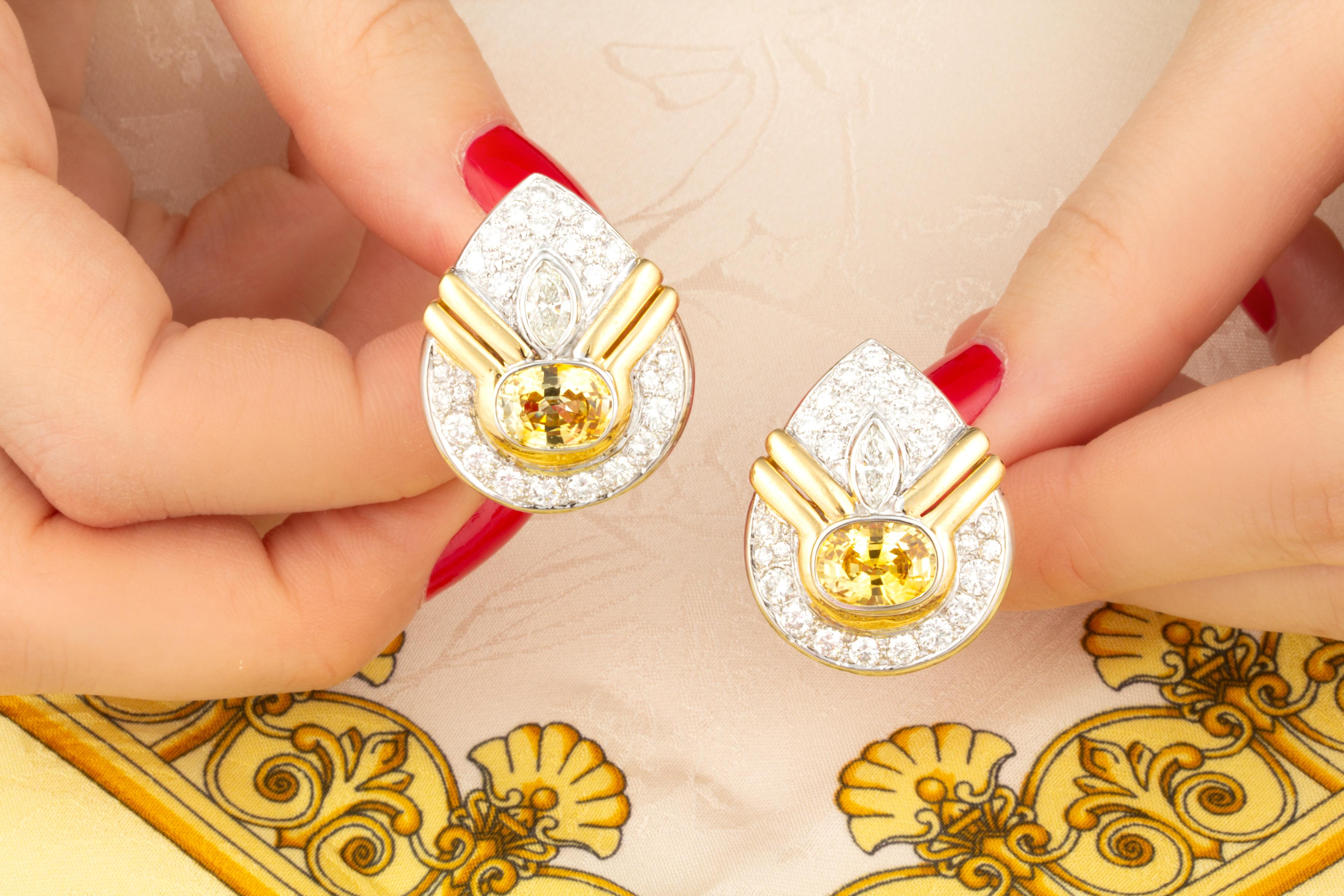 Women's or Men's Golden Yellow Sapphire Diamond Earrings For Sale