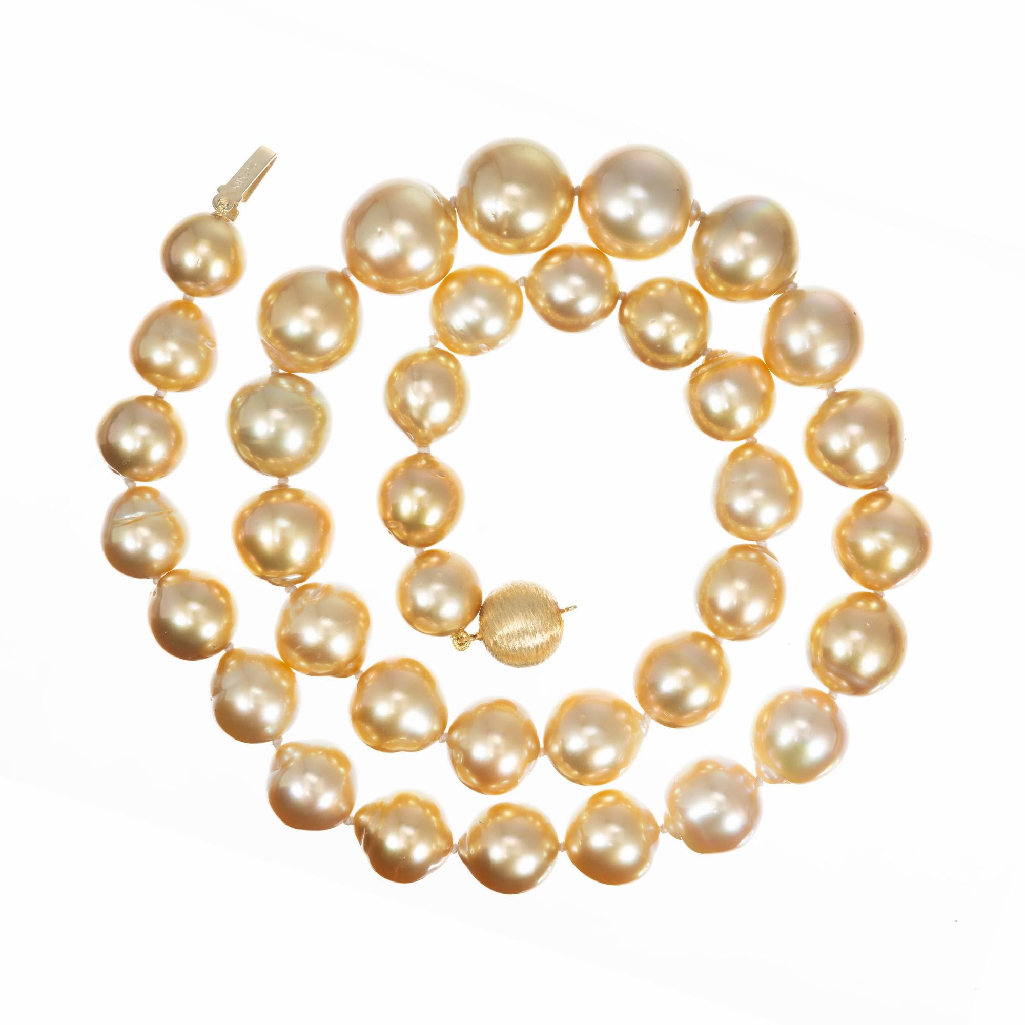 Rich golden yellow graduated pearl necklace. 37 round South Sea cultured pearls, ranging is size from 10-13.5mm. Beautiful natural golden yellow color, semi baroque with great lustre. 18 inches in length with a 14k yellow gold textured ball clasp.