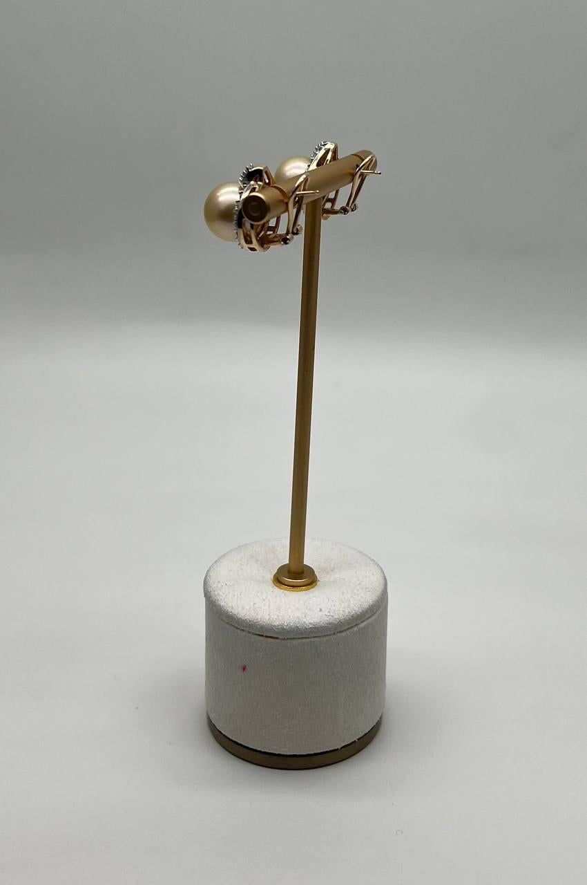 Mixed Cut Golden Yellow South Sea Pearls White Diamonds Halo 14K Yellow Gold Earrings For Sale