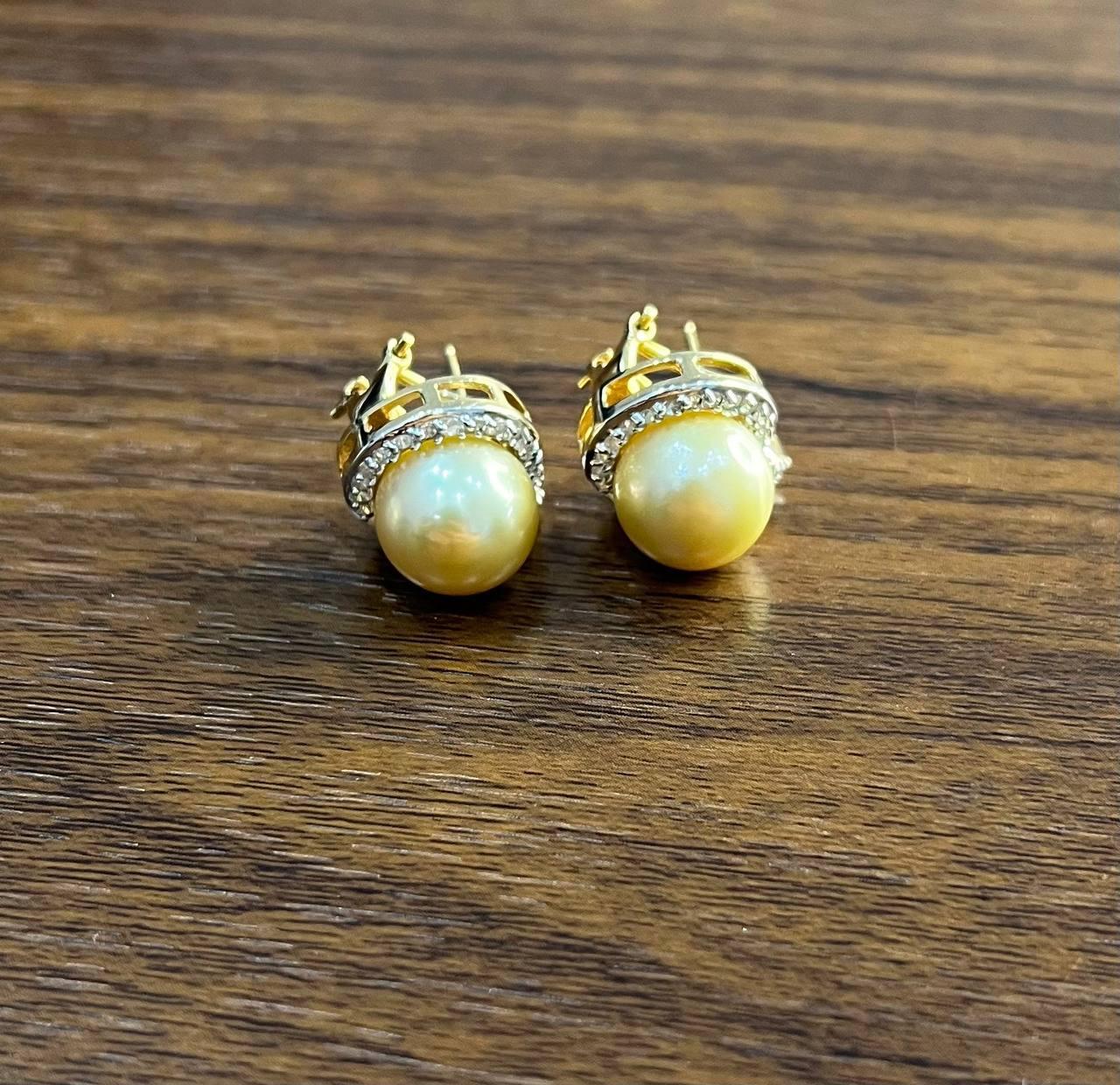 Women's Golden Yellow South Sea Pearls White Diamonds Halo 14K Yellow Gold Earrings For Sale