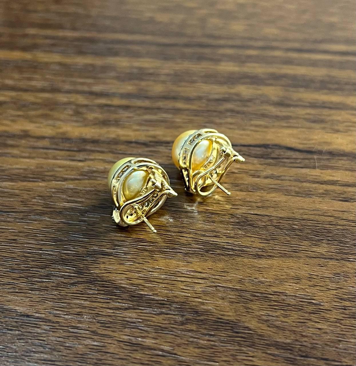 Golden Yellow South Sea Pearls White Diamonds Halo 14K Yellow Gold Earrings For Sale 1