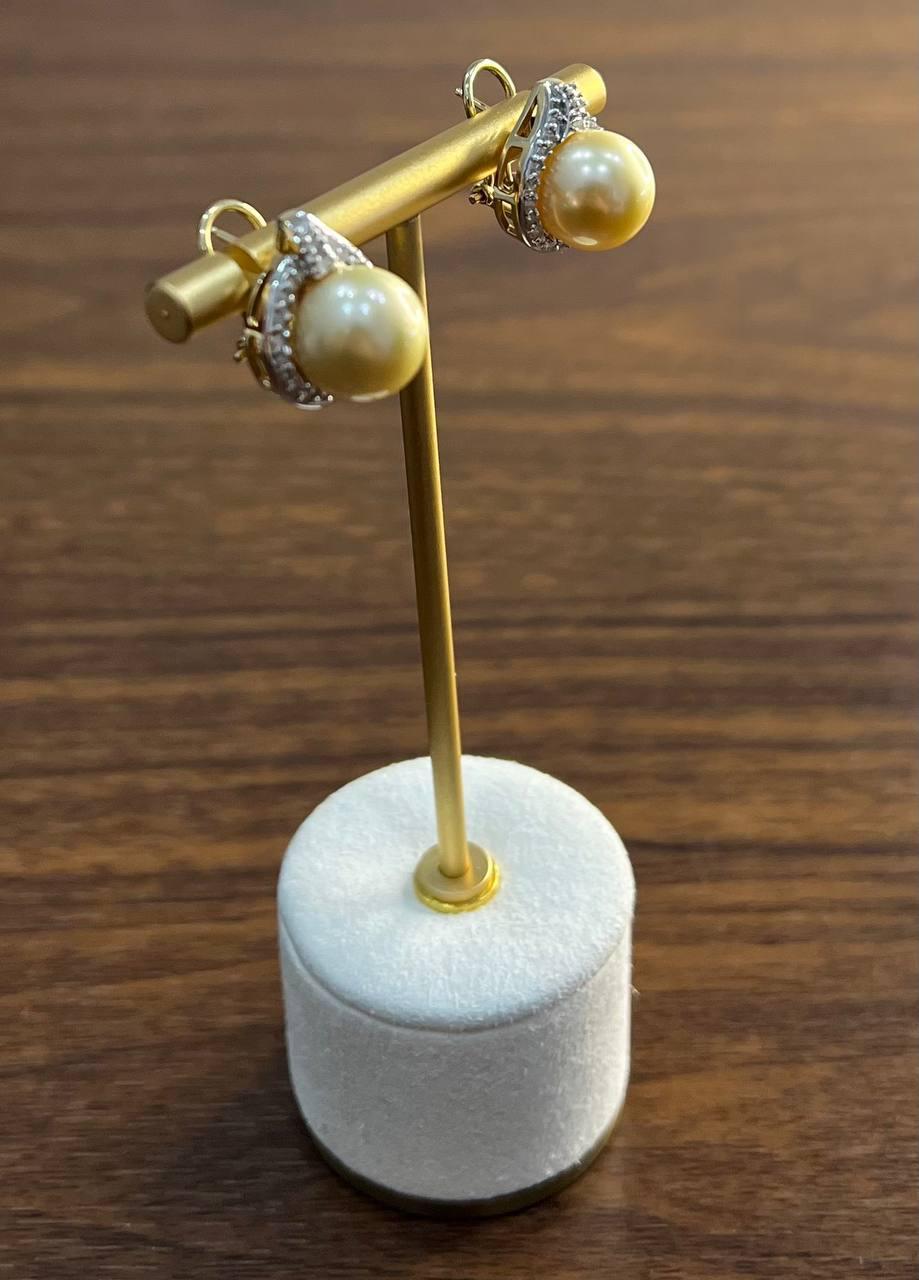 Golden Yellow South Sea Pearls White Diamonds Halo 14K Yellow Gold Earrings For Sale 3