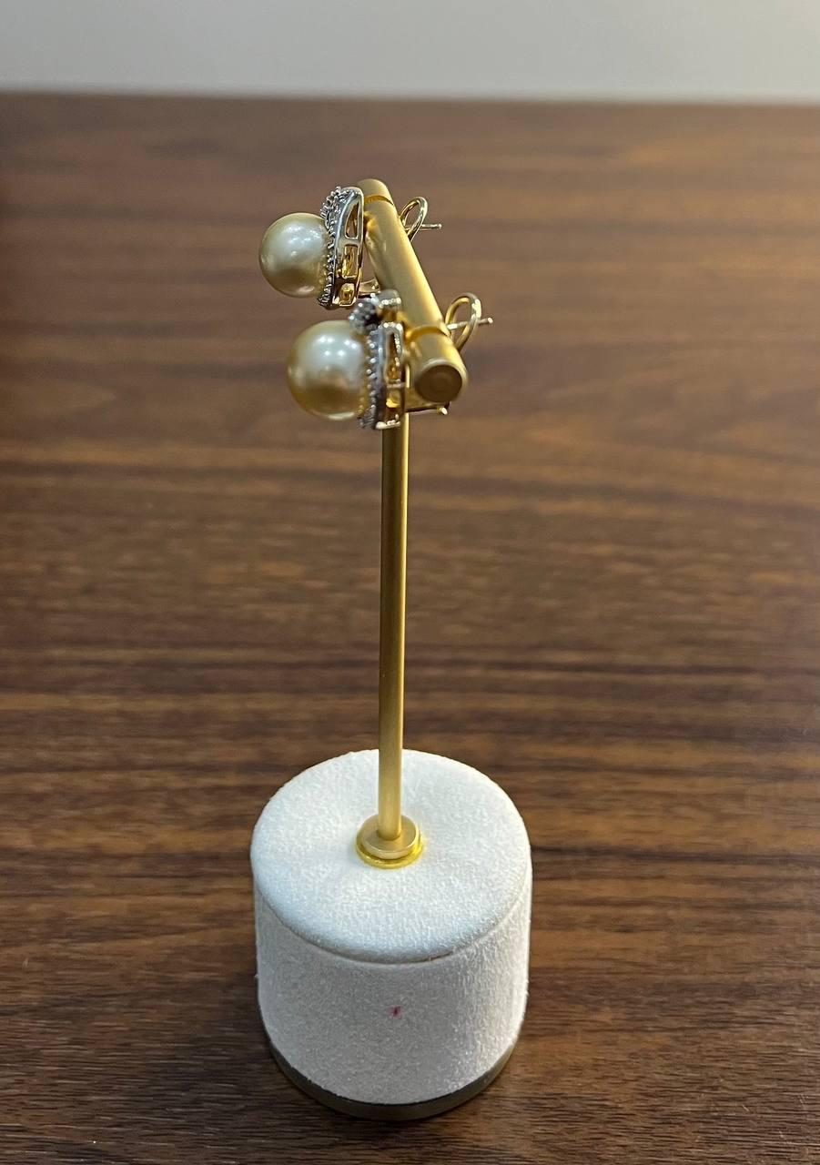 Golden Yellow South Sea Pearls White Diamonds Halo 14K Yellow Gold Earrings For Sale 4