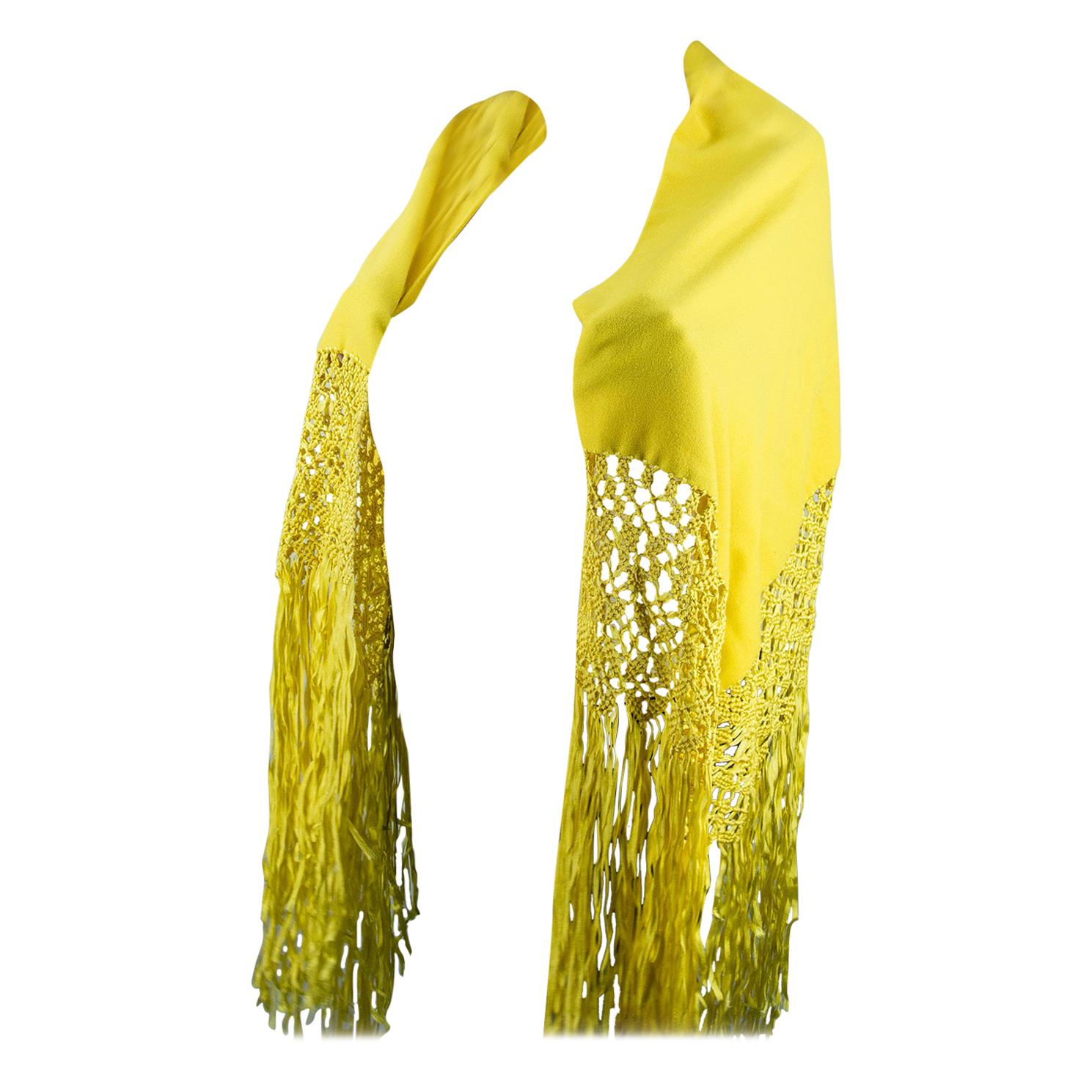 Golden Yellow Wool Hand Woven Silk Fringe Shawl Wrap Estate Find