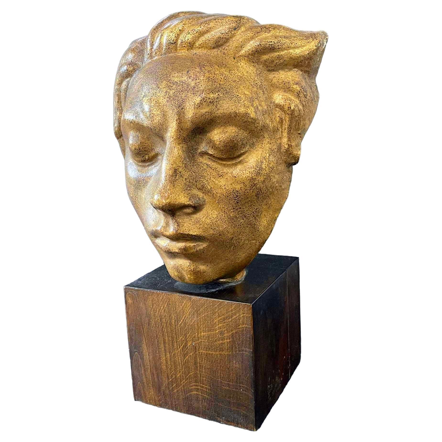 "Golden Youth", sculpture dorée de la tête d'un jeune homme par Lundqvist, Suède en vente