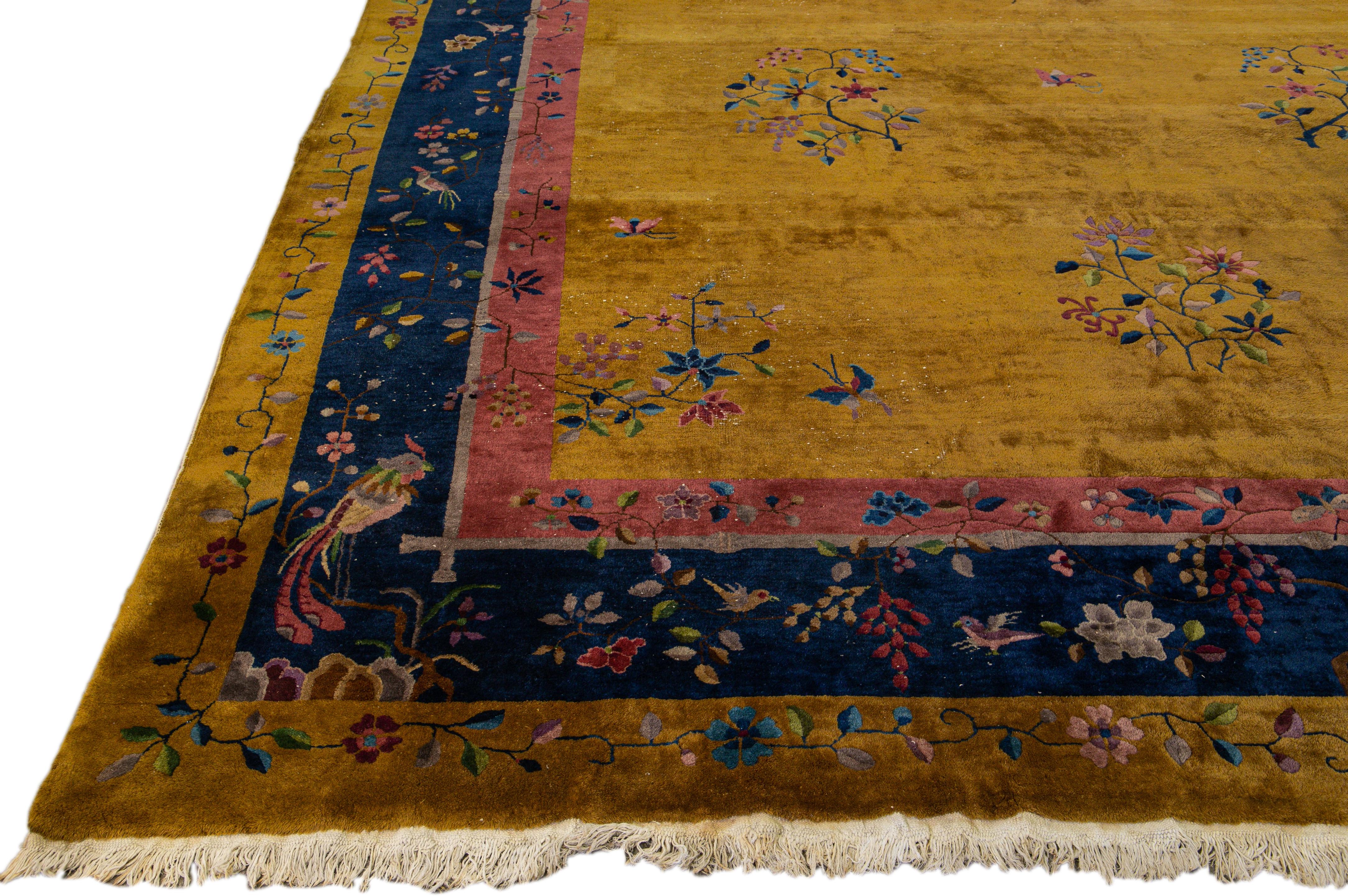 Hand-Knotted Goldenrod Antique Art Deco Handmade Chinese Floral Motif Wool Rug For Sale
