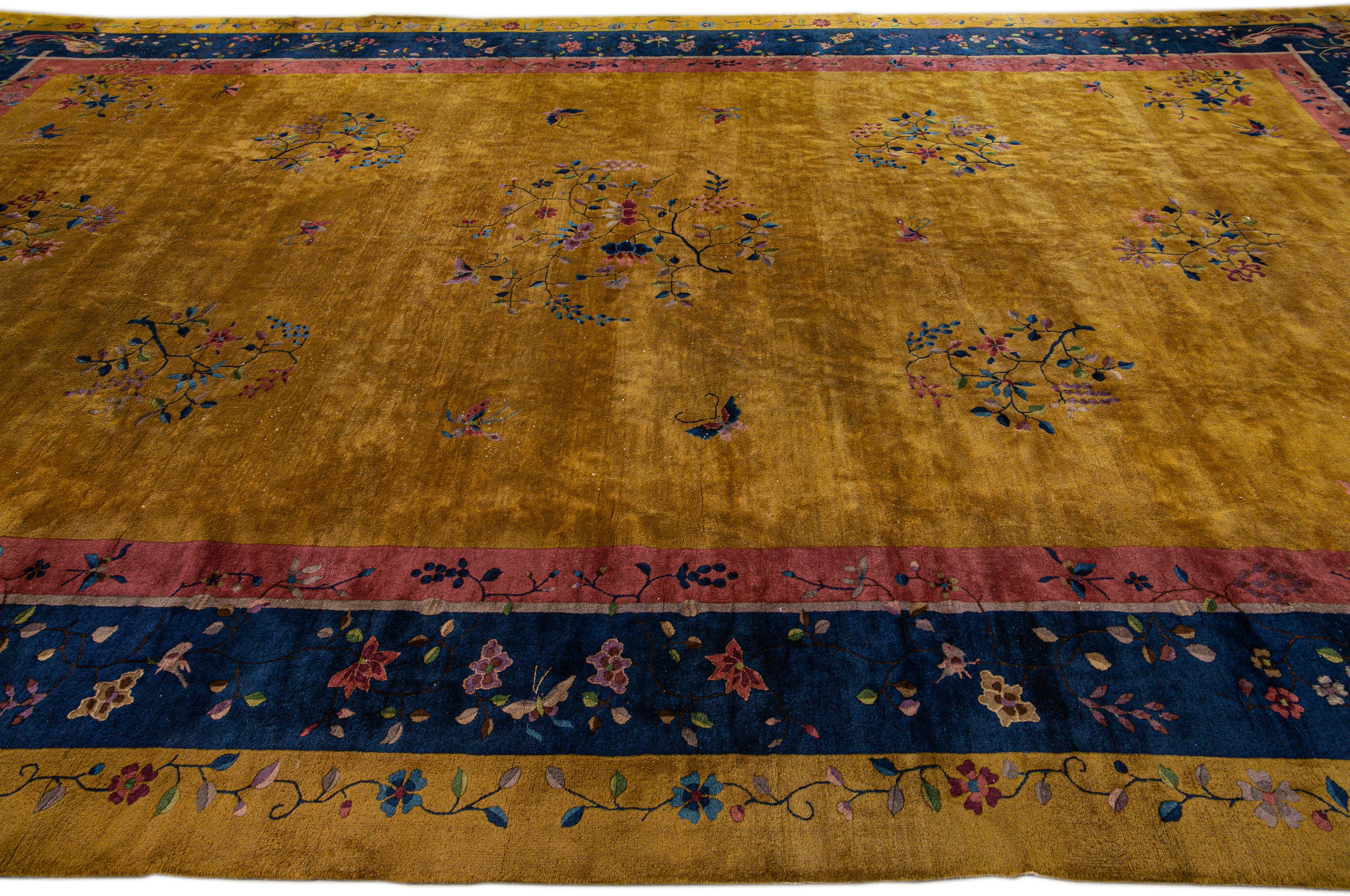 Goldenrod Antique Art Deco Handmade Chinese Floral Motif Wool Rug In Good Condition For Sale In Norwalk, CT