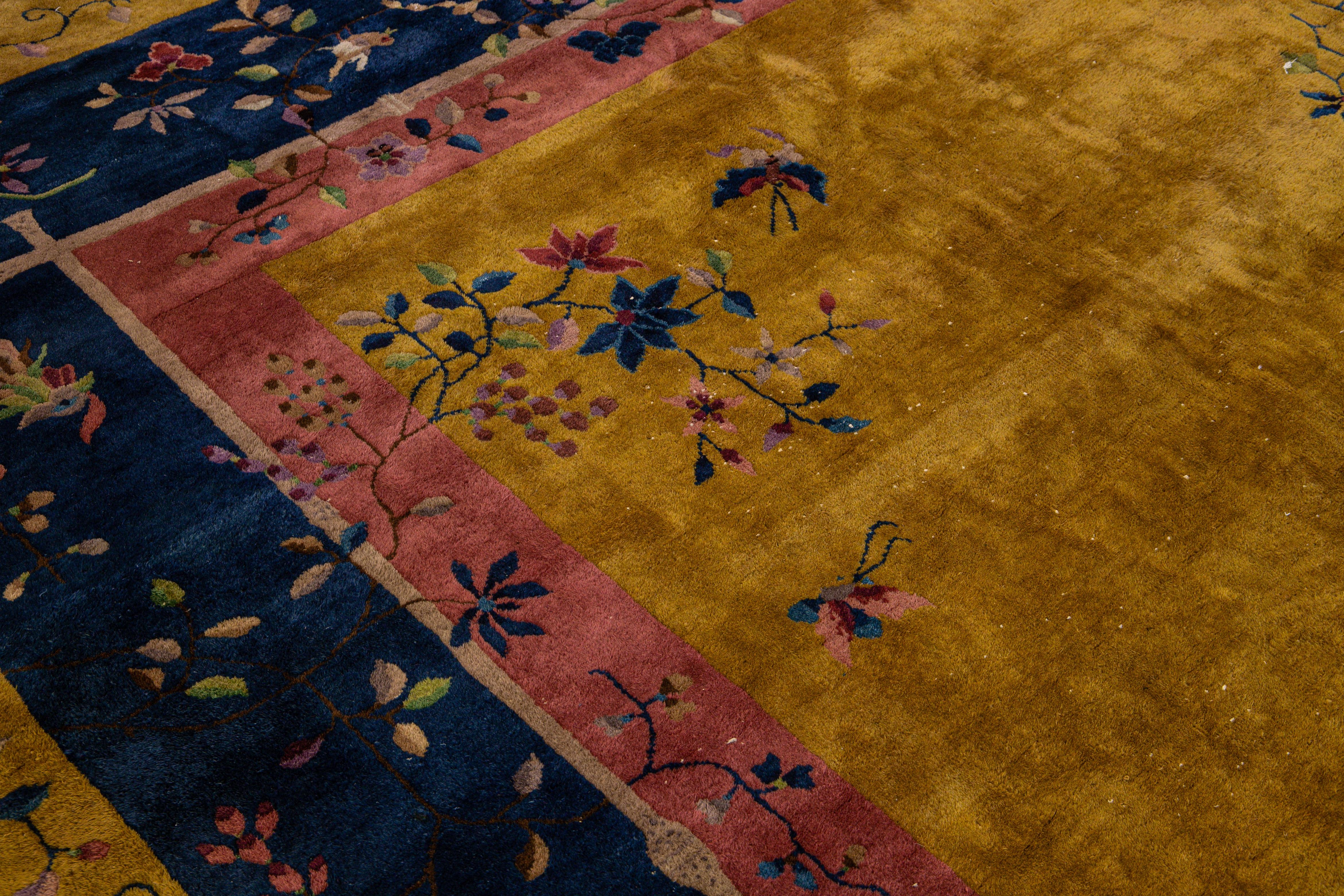 20th Century Goldenrod Antique Art Deco Handmade Chinese Floral Motif Wool Rug For Sale