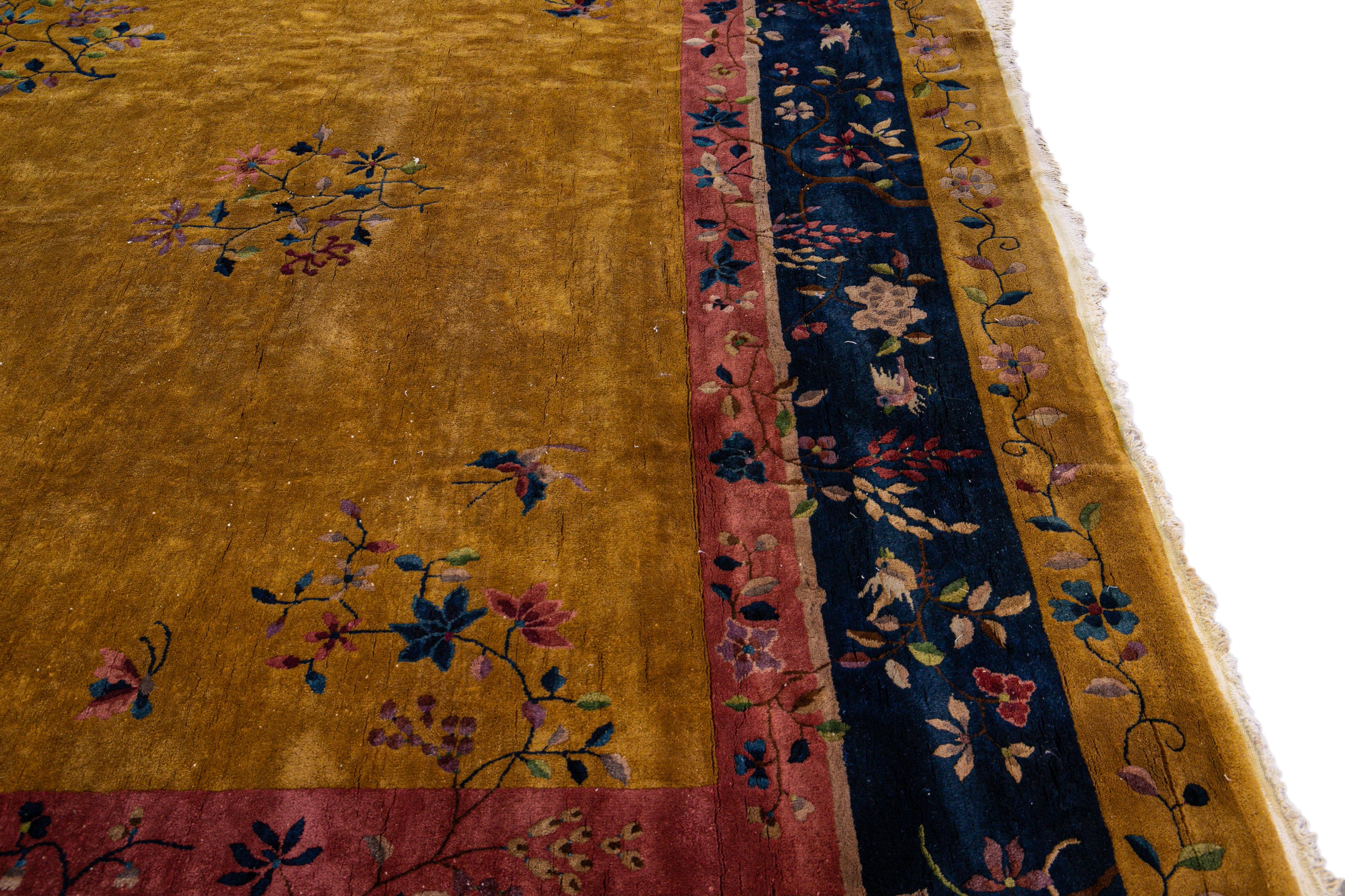 Other Goldenrod Antique Art Deco Handmade Chinese Floral Motif Wool Rug For Sale