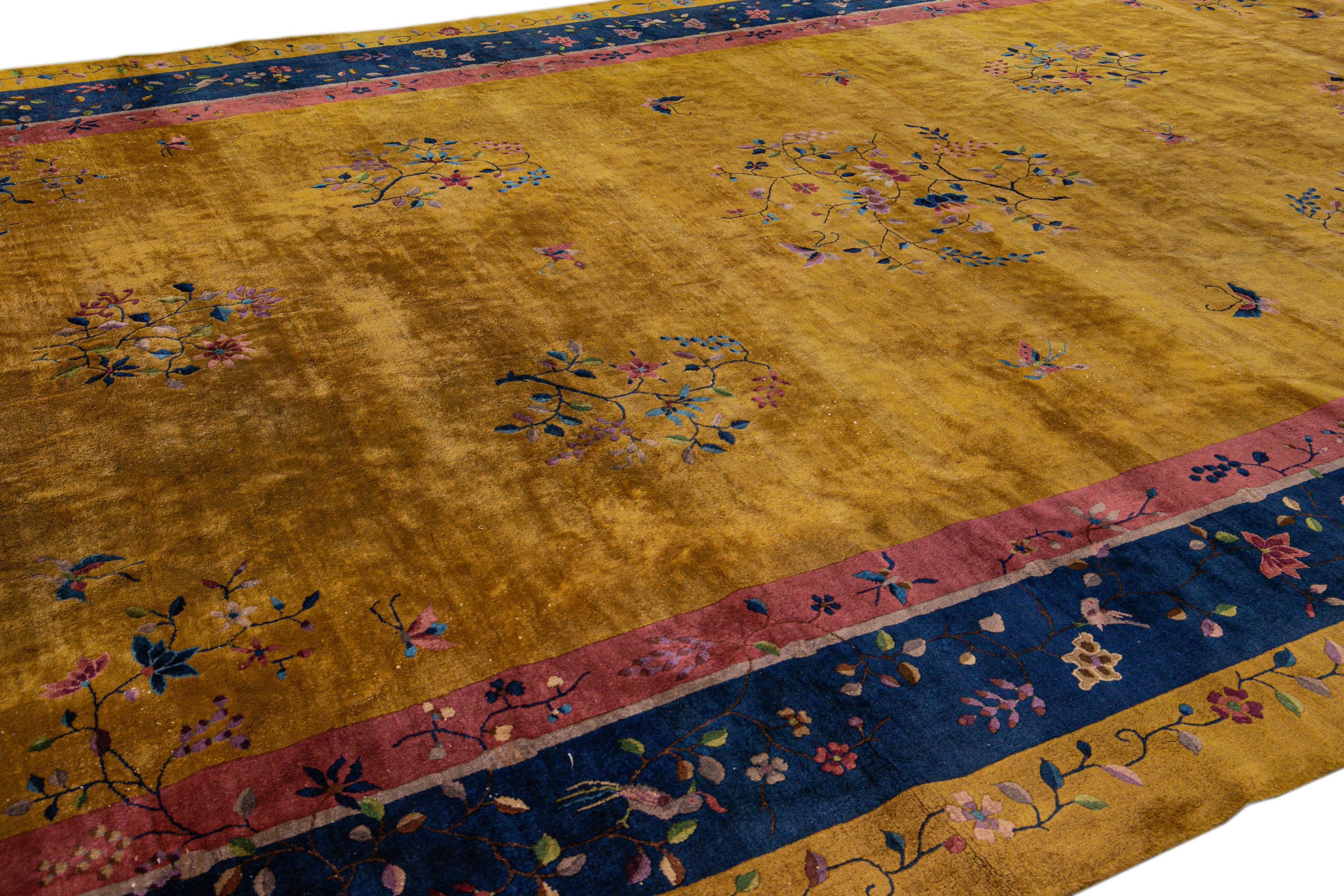 Goldenrod Antique Art Deco Handmade Chinese Floral Motif Wool Rug For Sale 1