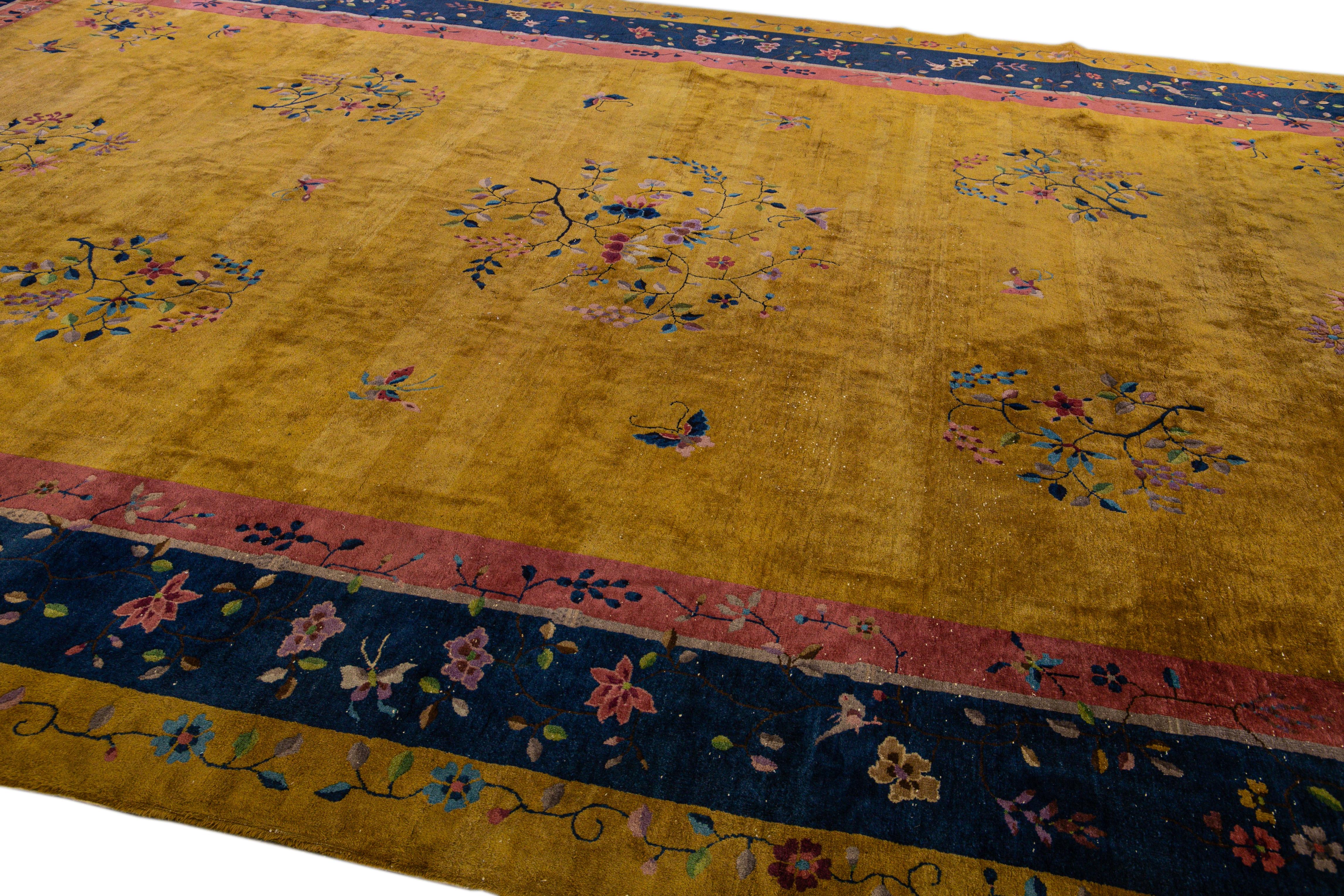 Goldenrod Antique Art Deco Handmade Chinese Floral Motif Wool Rug For Sale 2