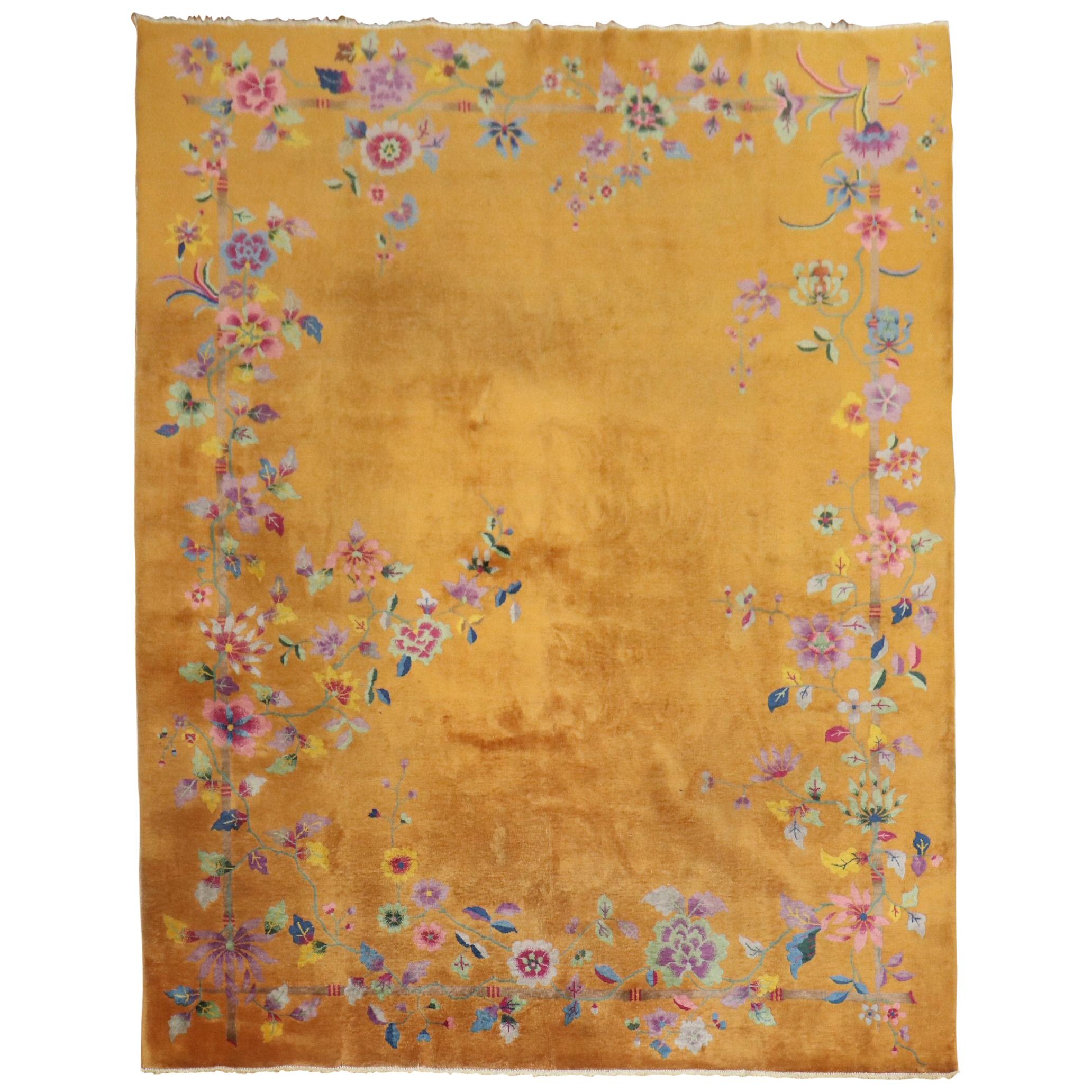 Goldenrod Art Deco Chinese Room Size Rug, 20th Century