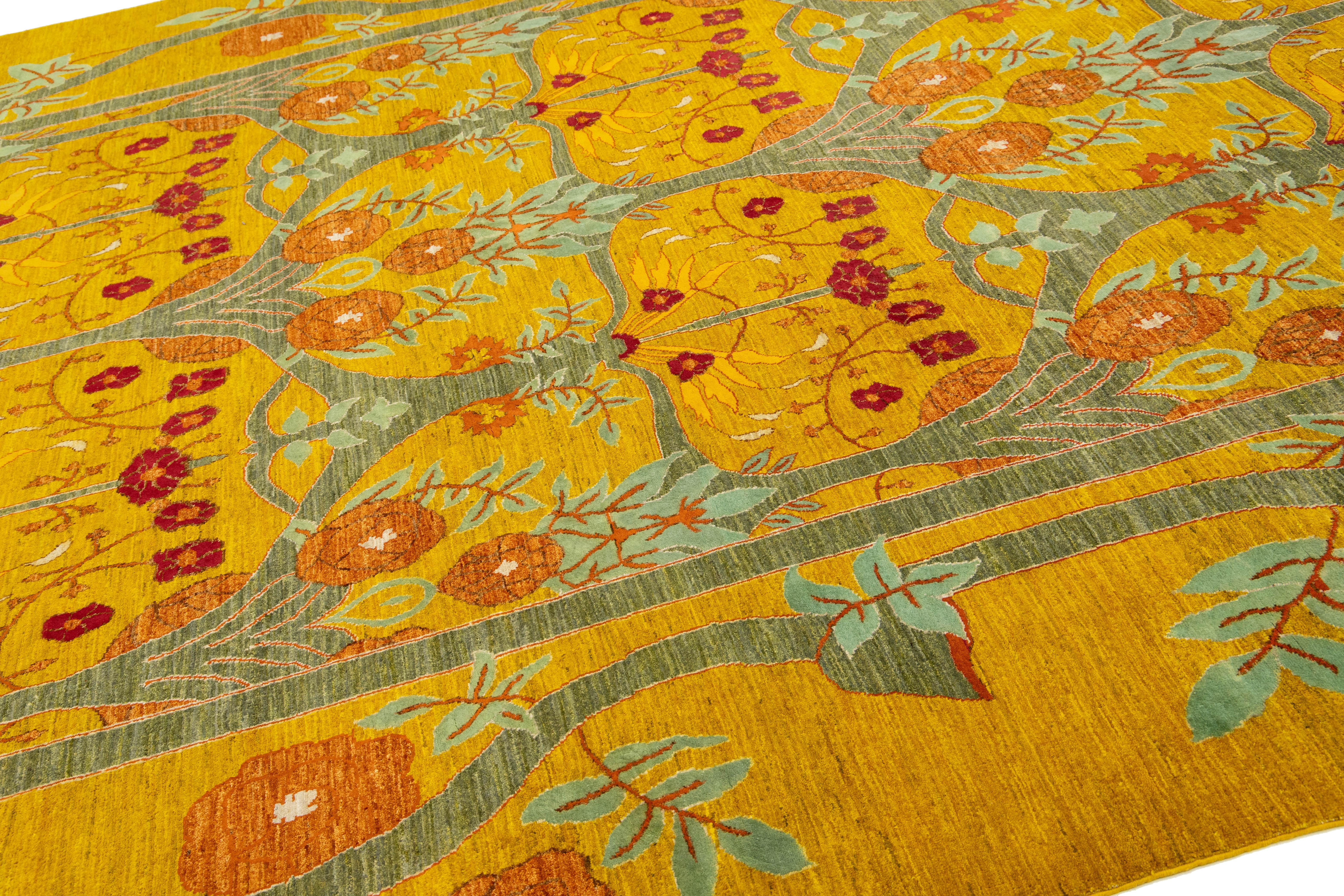 Noué à la main Tapis en laine de style oushak moderne Goldenrod avec motif Allover en vente