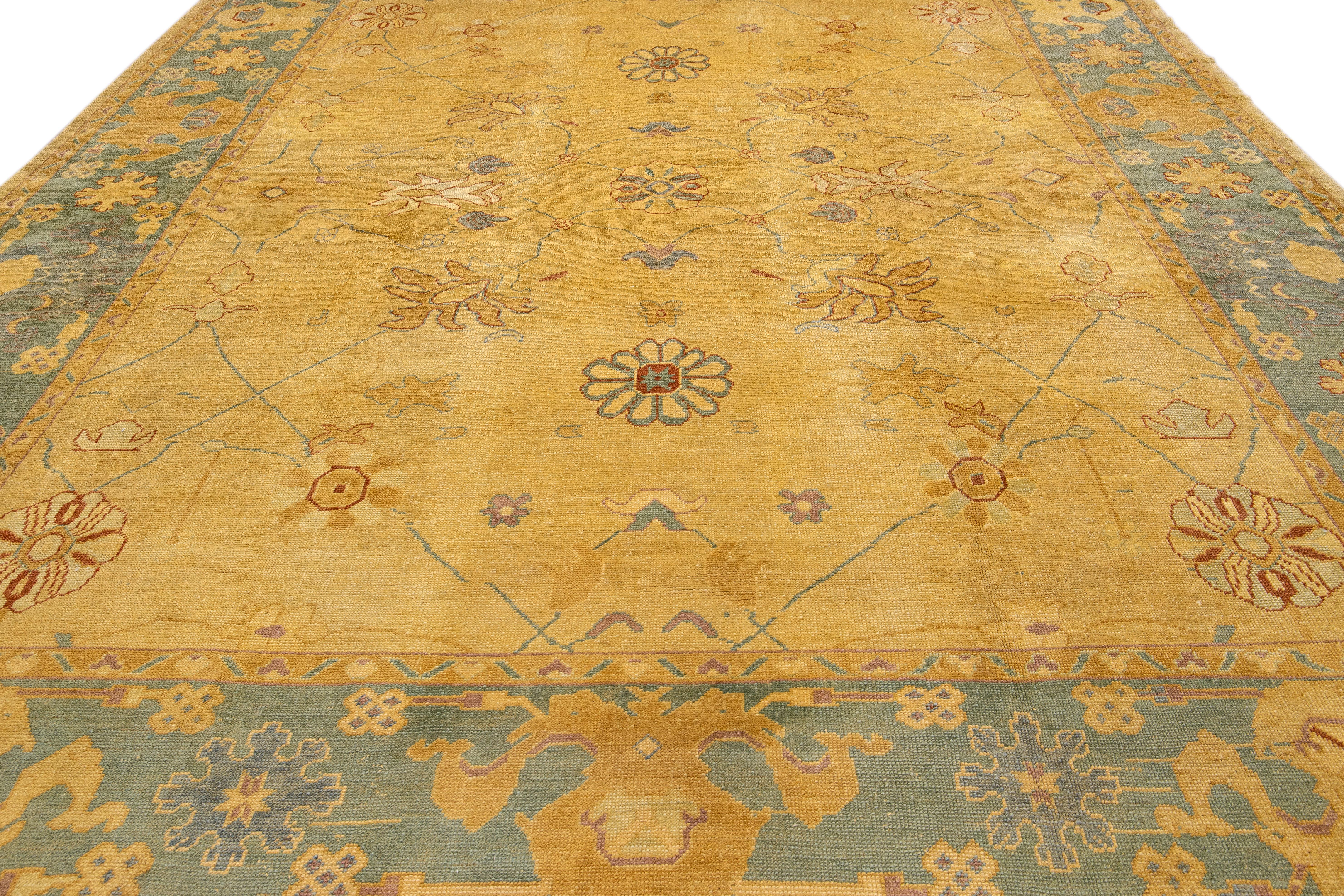 Persian Goldenrod Modern Turkish Oushak Handmade Floral Oversize Wool Rug For Sale