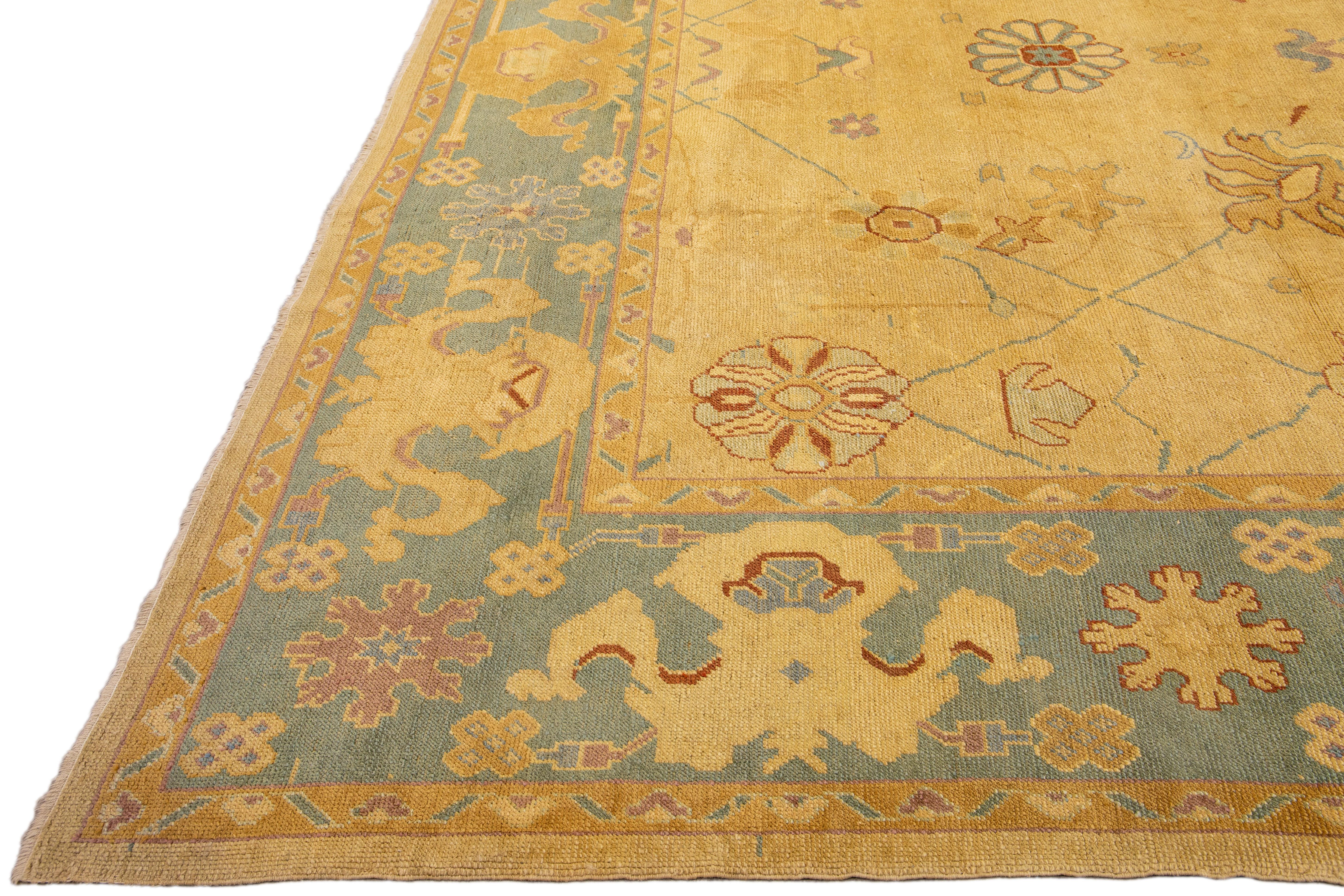 Hand-Knotted Goldenrod Modern Turkish Oushak Handmade Floral Oversize Wool Rug For Sale
