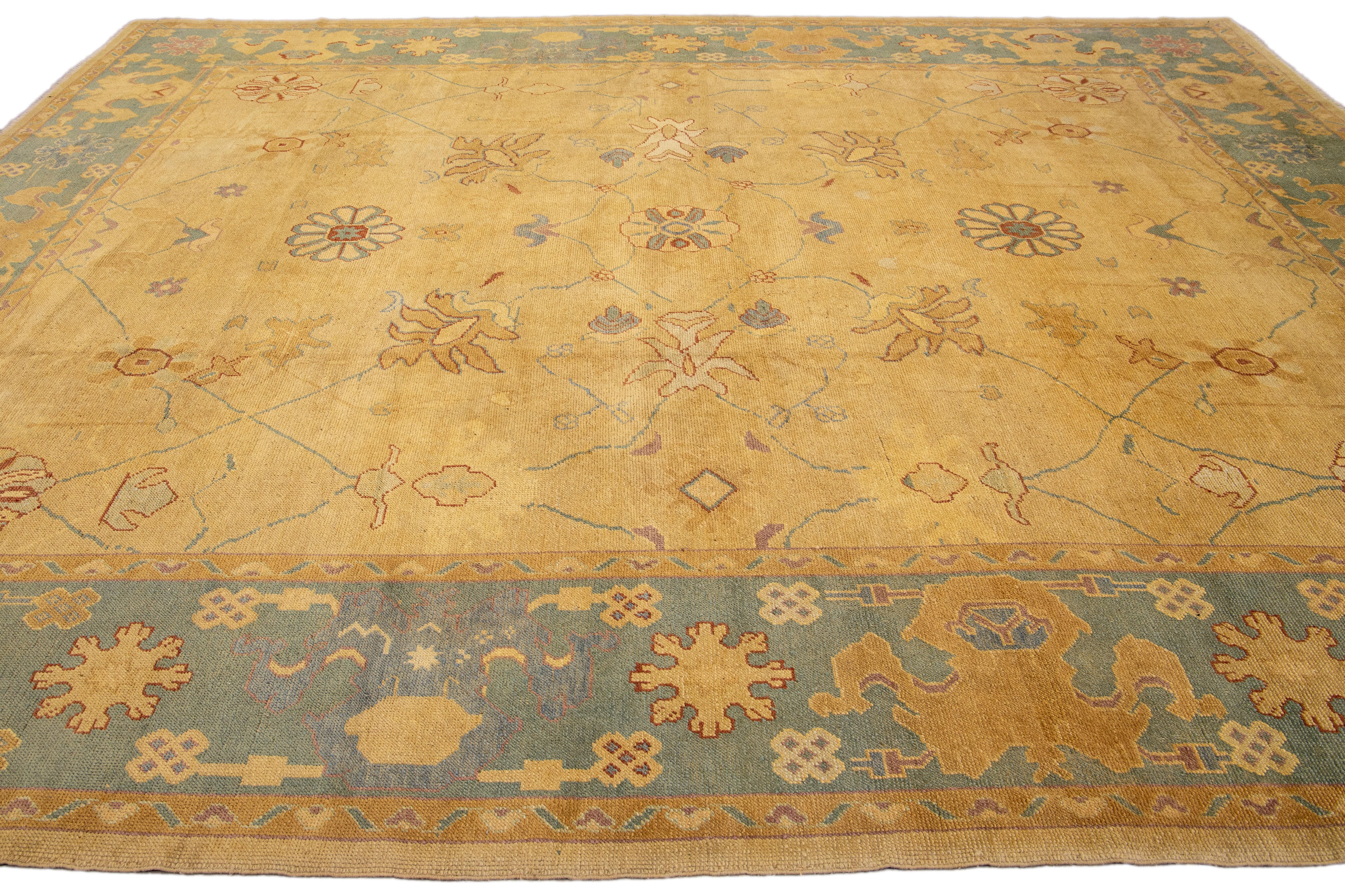 Goldenrod Modern Turkish Oushak Handmade Floral Oversize Wool Rug In New Condition For Sale In Norwalk, CT